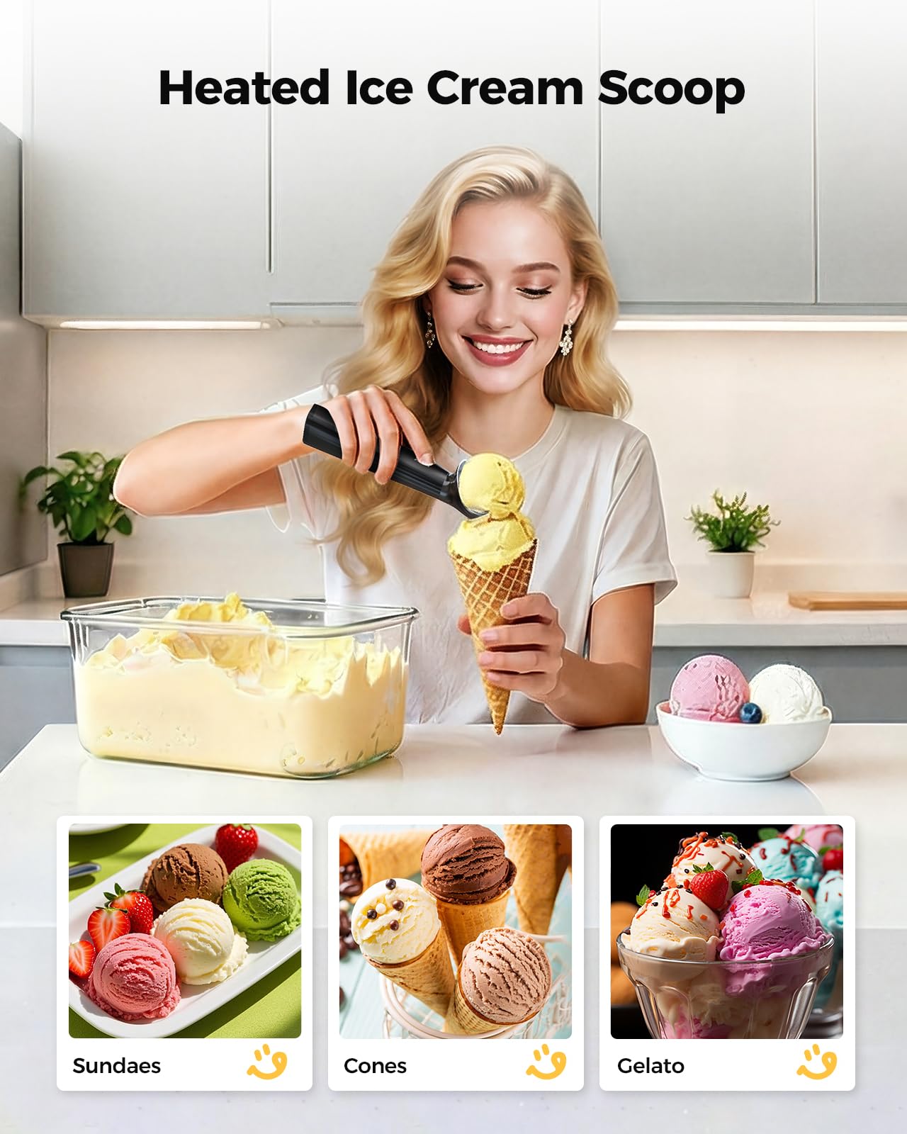 KYX Heated Ice Cream Scoop, with USB-C Charging, 3 Temperature Settings, Food-Grade Zinc Alloy, IPX6 Waterproof & Auto Shut-Off, Ideal for Scooping Hard Ice Cream, Gelato & Frozen Desserts