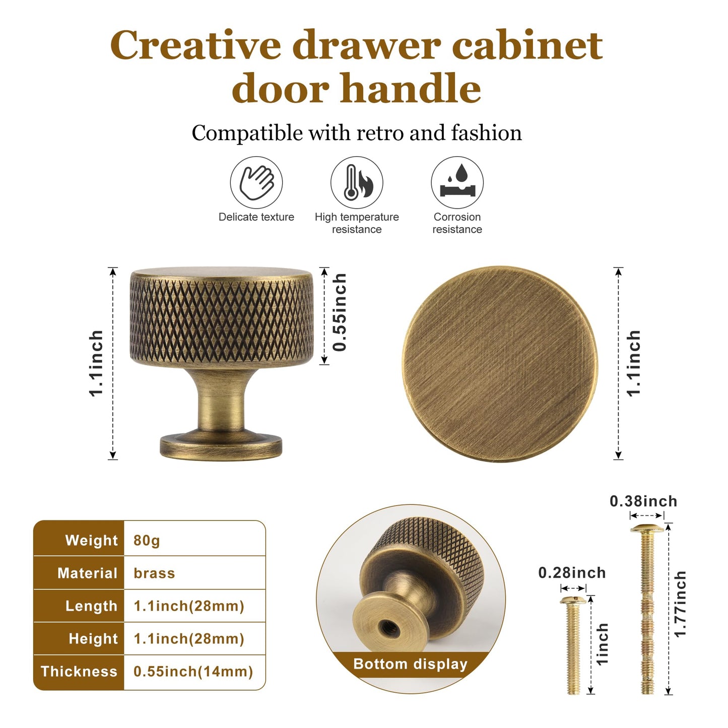 Urnew Antique Brass Kitchen Cabinet Knobs 5 Pack, 1.1Inch Knurled Brass Dresser Drawer Pulls, Modern Furniture Hardware Handles for Cupboard Wardrobe Vanity Closet Door