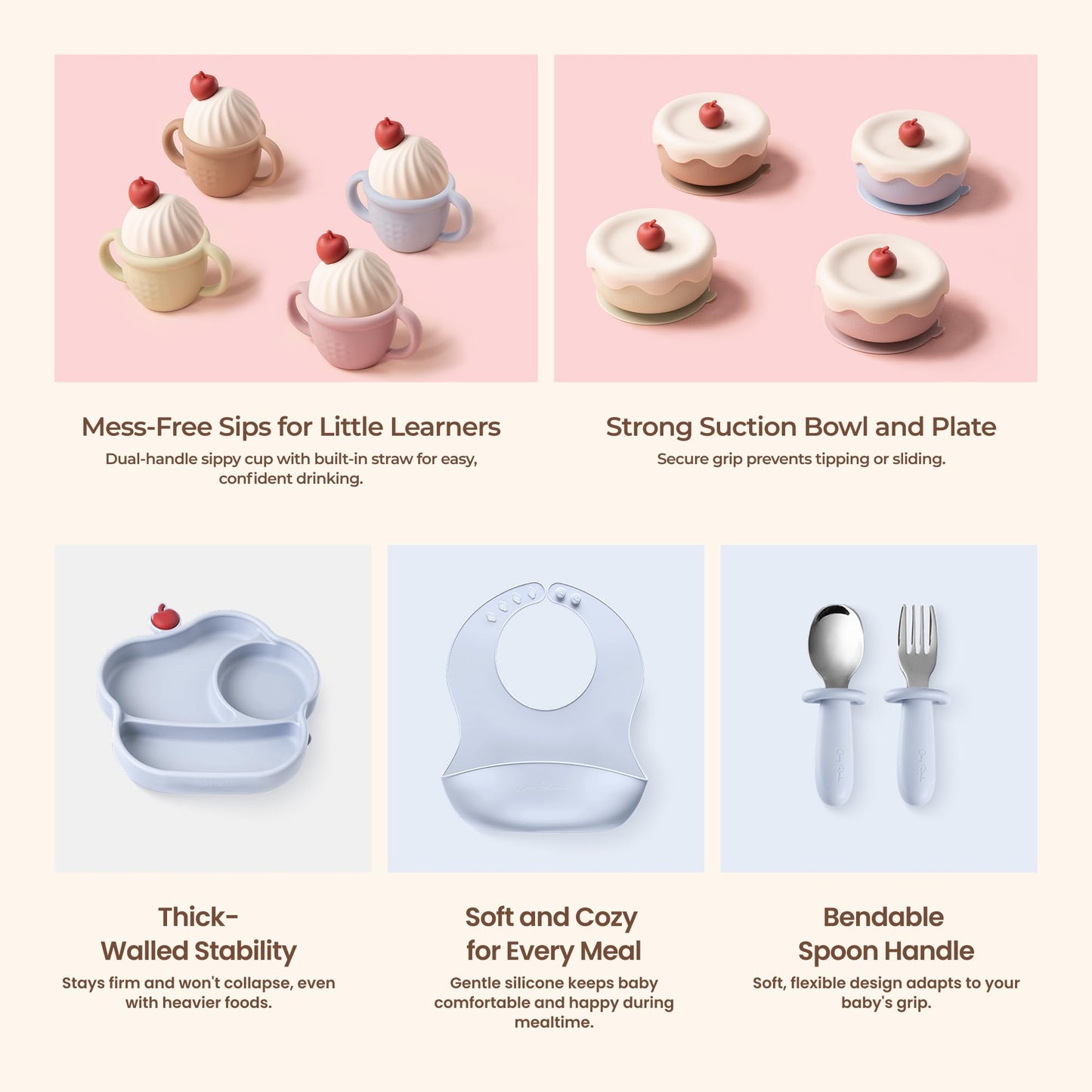 COZY ROCK Silicone Baby Feeding Set, Gelato Collection Baby Led Weaning Supplies, First Self-Feeding Ice Cream Set, Silicone Suction Bowl with Cherry Lid & Plate, Straw Cup & Bib, Fork & Spoon