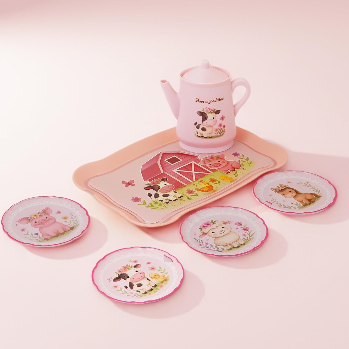 Lajeje Pink Barn Tea Party Set for Little Girls, 47PCS Farm Animal Pretend Play Tea Time Kit, Tea Sets for Toddlers 3-5 with Teapot & Story Cards, Carry Case Girls Birthday Gift, Easter Basket Stuffer