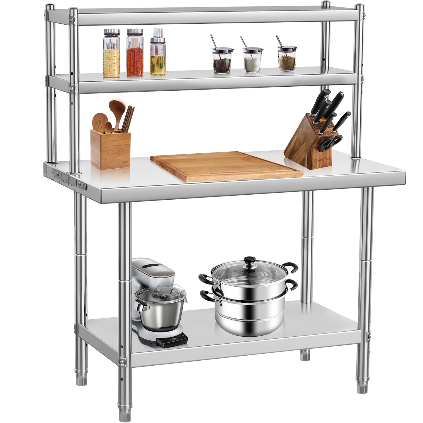 GarveeTech Stainless Steel Table with Overshelves, 30 in X 24 in Commercial Work Tables with 30 in X 12 in Shelf, Metal Kitchen Prep Table_ Shelving Combo