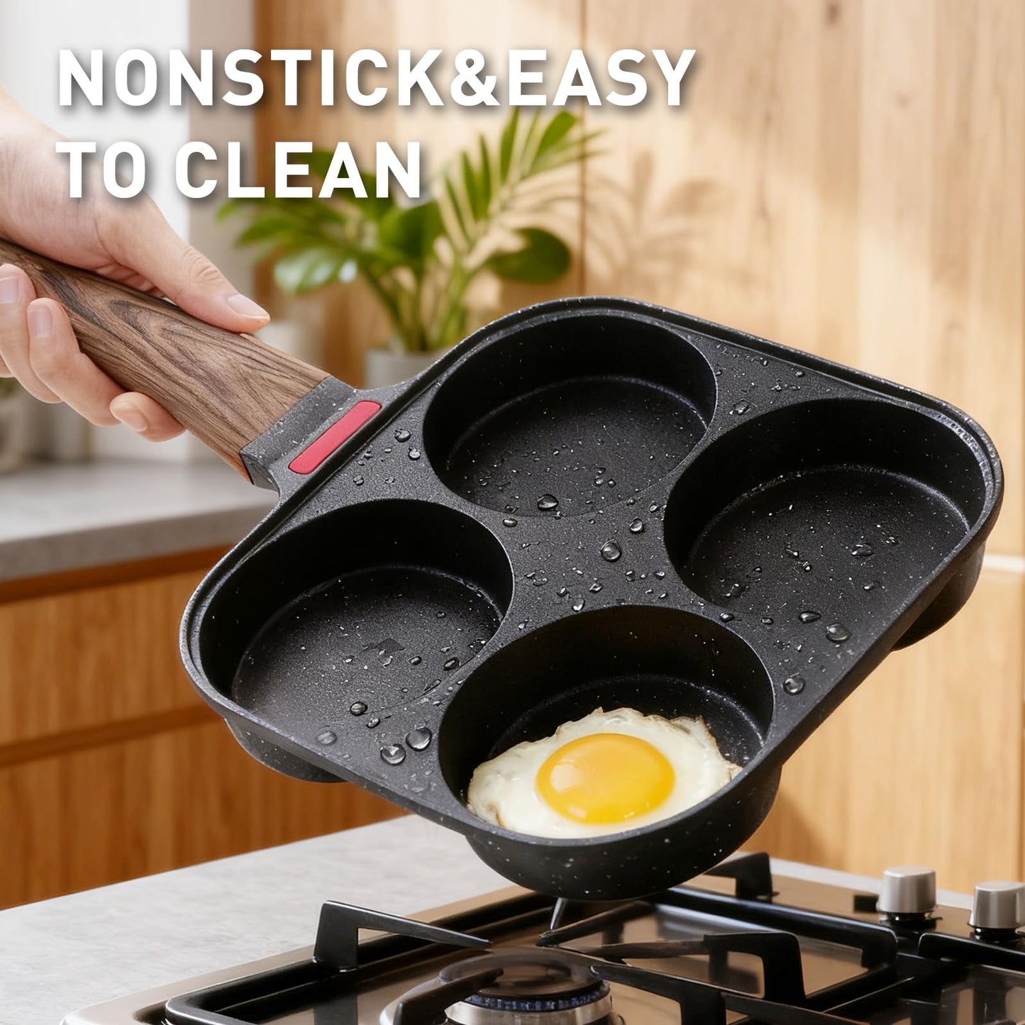 Corlekala Nonstick 4-Cup Egg Pan With Lid, Black Aluminum Non Stick Frying Pans, Bakelite Handle, Healthy Egg Frying Pan For Pancake, Burger, Sandwiches,Suitable For Gas Stove & Induction Cooktop