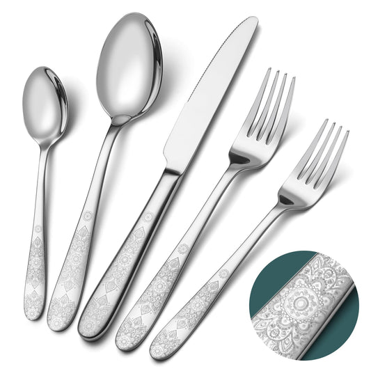 40 Piece Flatware Set, Service for 8, EIUBUIE Premium Stainless Steel Cutlery Set, Mirror Polished Silverware Sets with Pattern Handle, Modern Kitchen Eating Utensils Sets