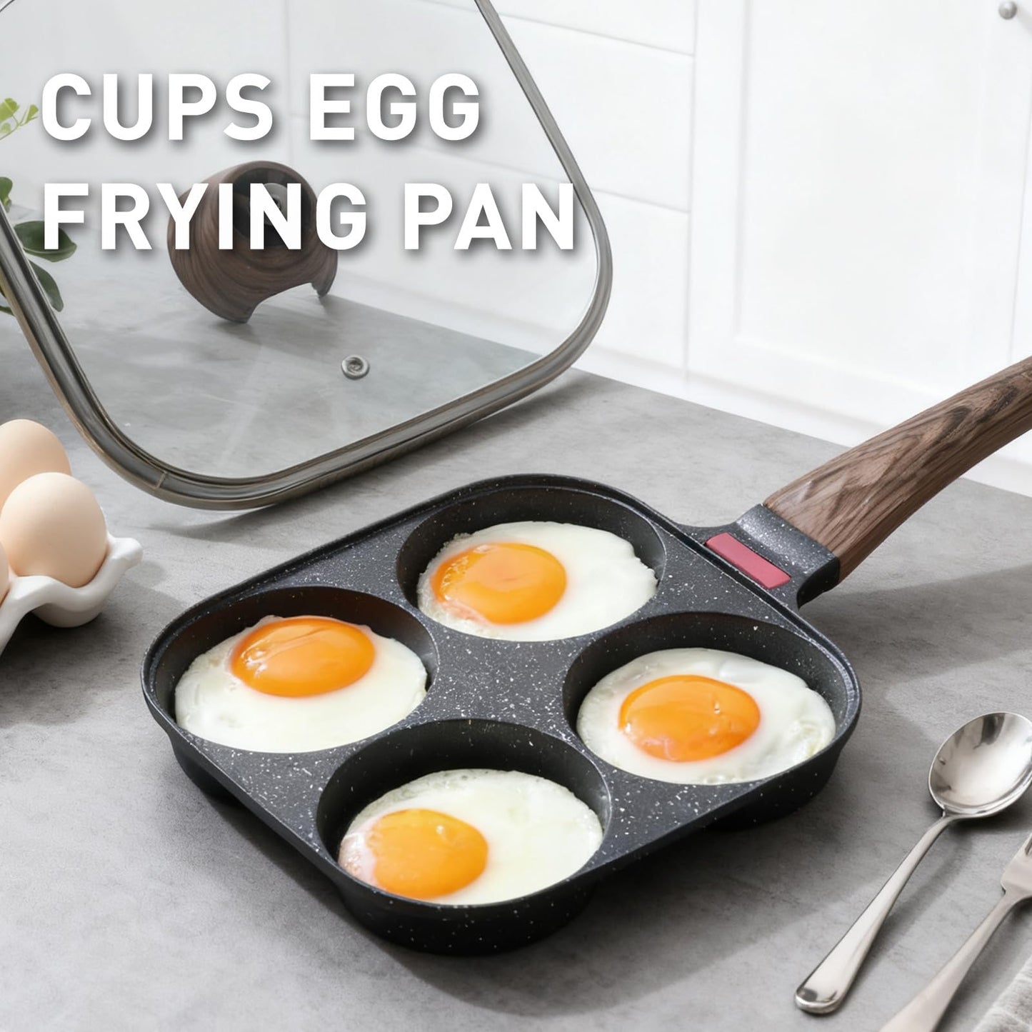 Corlekala Nonstick 4-Cup Egg Pan With Lid, Black Aluminum Non Stick Frying Pans, Bakelite Handle, Healthy Egg Frying Pan For Pancake, Burger, Sandwiches,Suitable For Gas Stove & Induction Cooktop