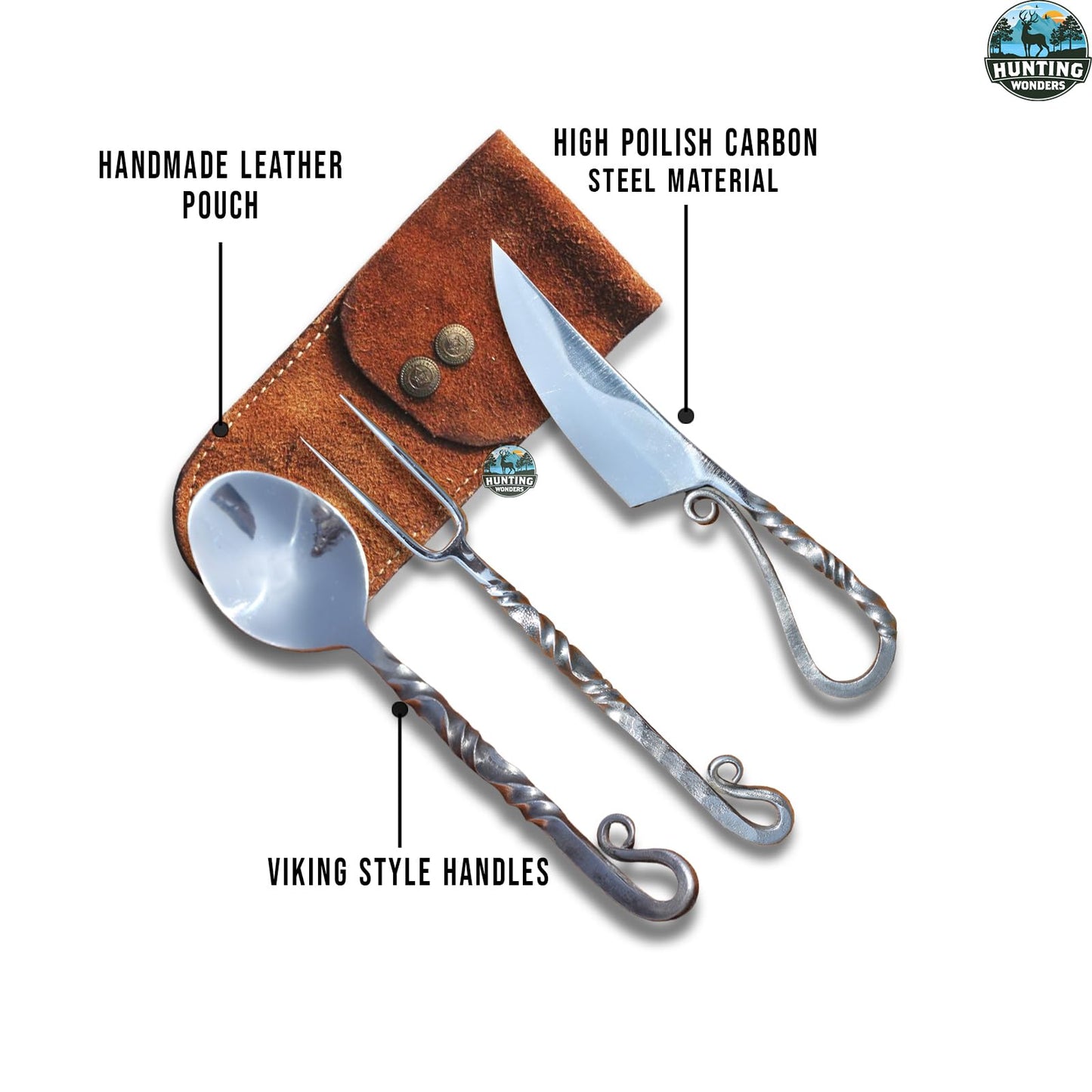Customize Viking 3-Piece Medieval Cutlery Set, Hand Forged Feasting Set, Twisted Pattern Eating Utensils, Carbon Steel Flatware With Leather Pouch