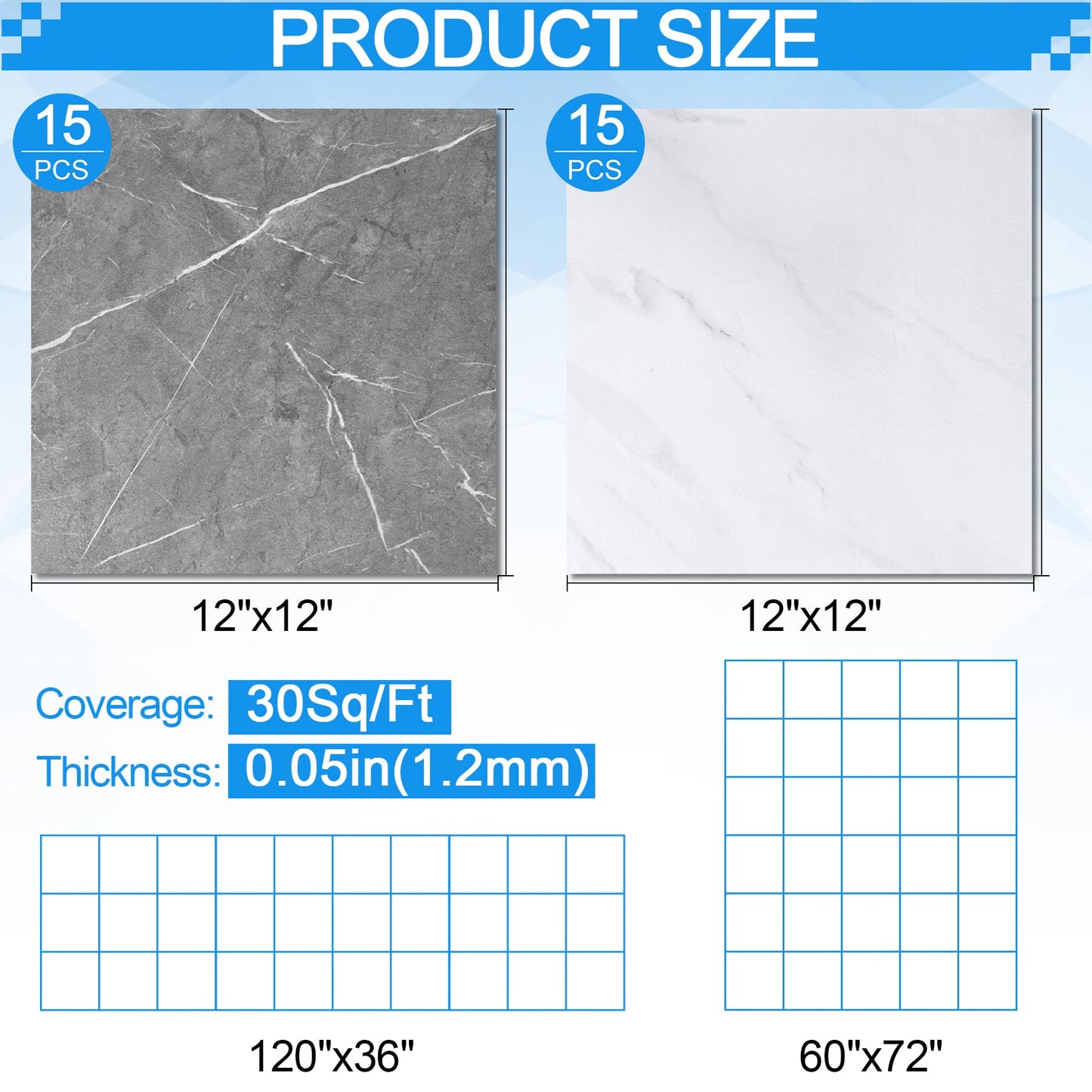 Tottist 30-Pack 12x12 Inch Peel and Stick Vinyl Floor Tiles, Self Adhesive Waterproof Flooring Planks for Kitchen, Dining Room,Bathroom,Vestibule, Cover 30 Sq. Ft(Grey/White Marble,15 Tiles Per Color)