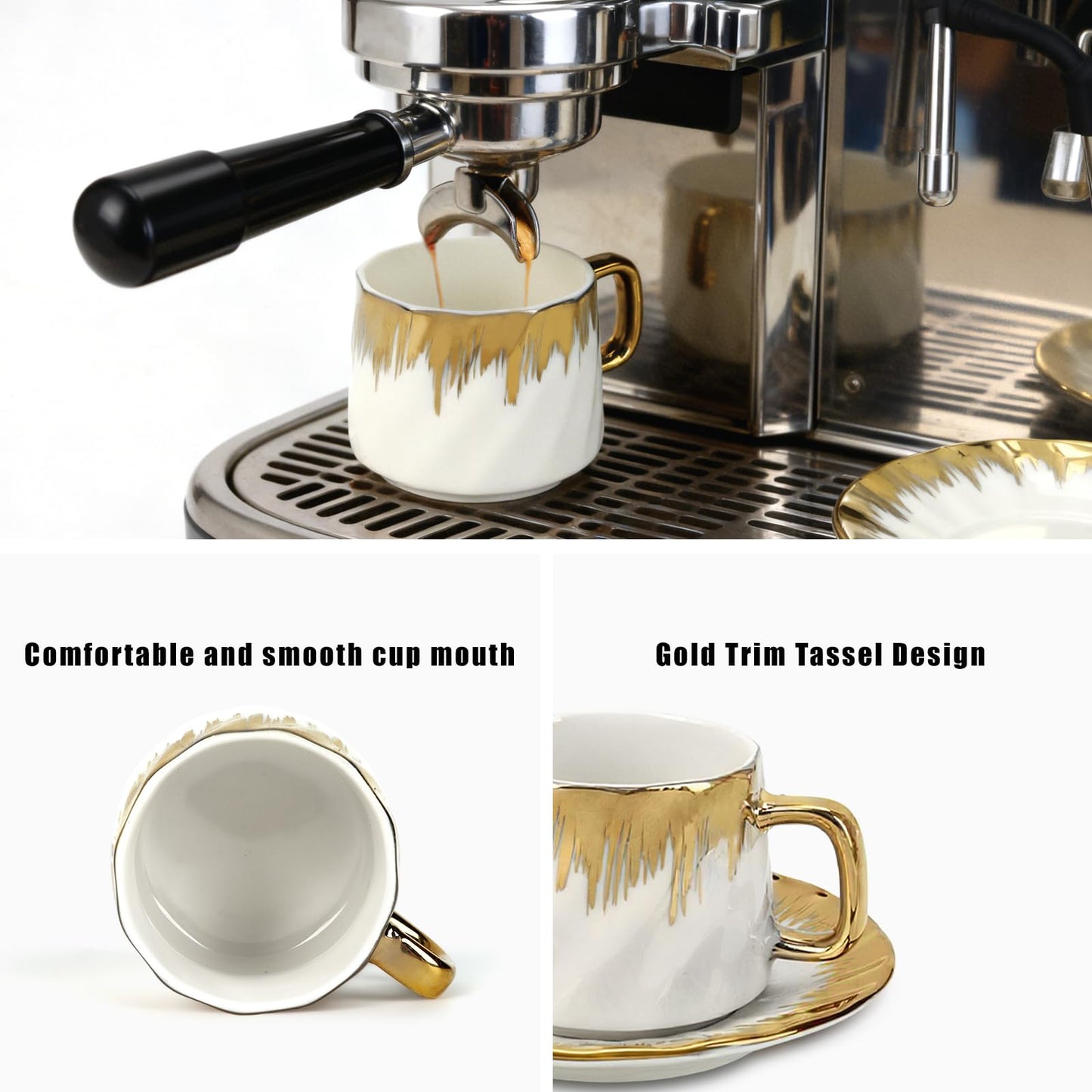 Hebaogugu Coffee Cup Set of 6 with Saucers, 3.5 OZ Ceramic Espresso Cups Set, Gold Trim Turkish Coffee Cup Gift for Cappuccino, Latte, Cafe Mocha and Tea, Dishwasher & Microwave Safe