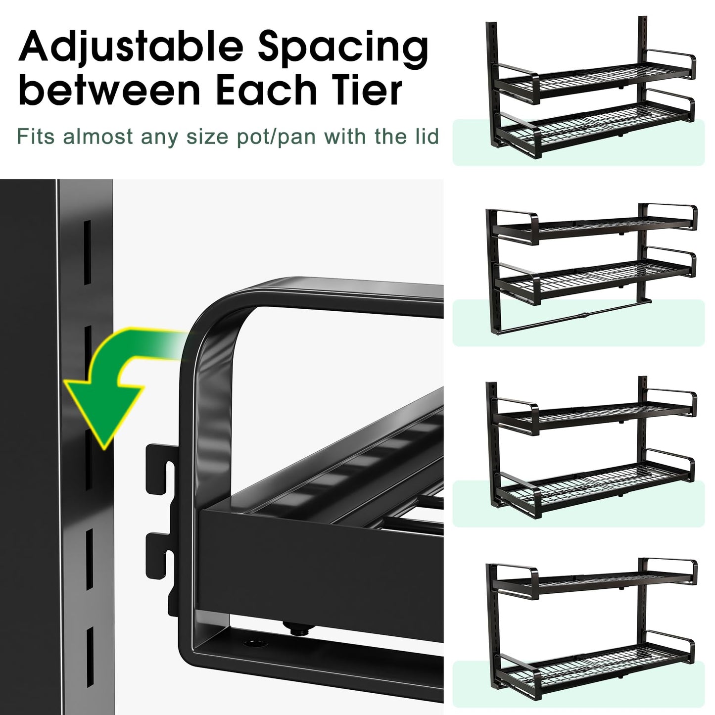 19"- 30" Expandable Hanging Pot Rack, 2 Tier Heavy Duty Wall Mounted Pots and Pans Organizer with 10 Hooks and 5 Pot Lid Holders, Pot Hanger Shelf for Kitchen Cookware Utensils Organizers and Storage