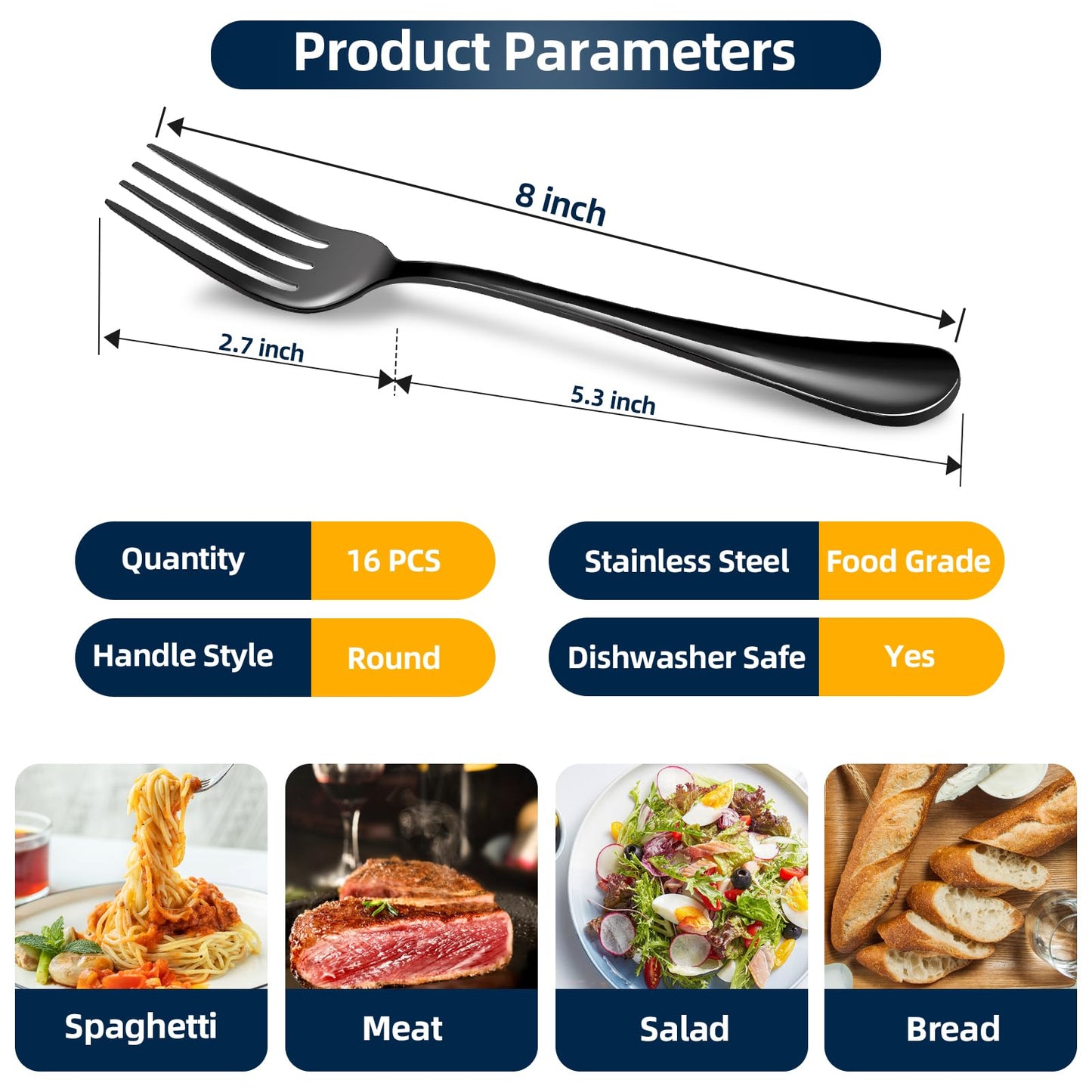 Black Forks 16 Pices Dinner Forks 8 Inches Food Grade forks stainless steel Table Forks Flatware Forks Mirror Polished Sturdy and Durable Dishwasher Safe Great for Home Kitchen or Restaurant