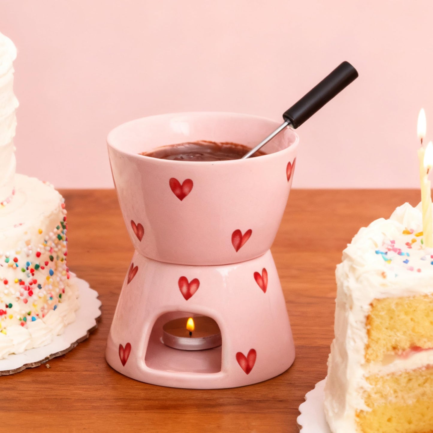 YumiPLUS Sweet Cheese Fondue Cup with 2 Dipping Forks, Ceramic Chocolate Melting Cup Set, Individual Fondue Mug for Dessert, Small Chocolate Melter for Dating/Anniversary/Gift/Valentine (Pink)
