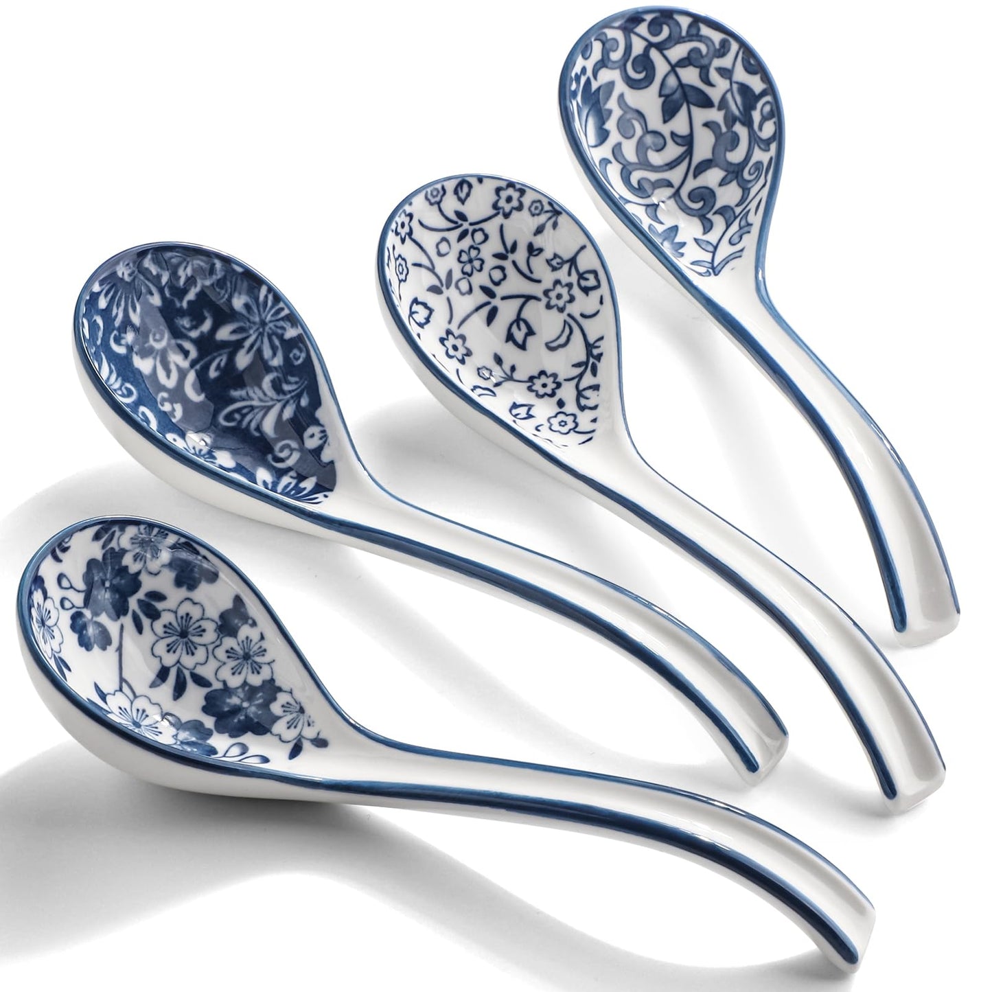 Ceramic Soup Spoons, Asian Soup Spoon Chinese Set of 4 Japanese Ramen Long Handle Soup Spoons for Udon,Pho,Ramen,Miso,Cream Soup,Pasta,Eel Rice,Broth Soup,Dumplings