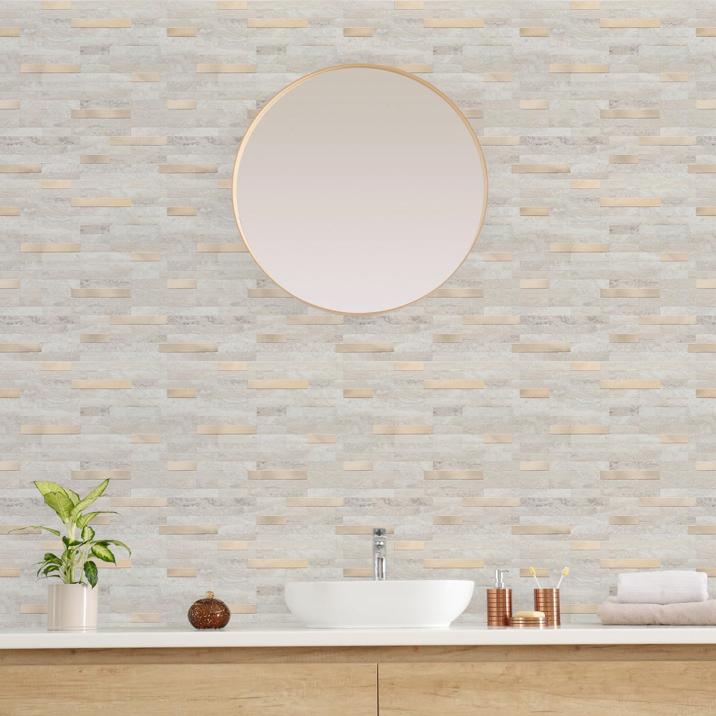 STICKGOO Peel and Stick Backsplash, PVC Wall Tiles Stick on Backsplash for Kitchen(10 Sheets, Beige with Metal Gold)