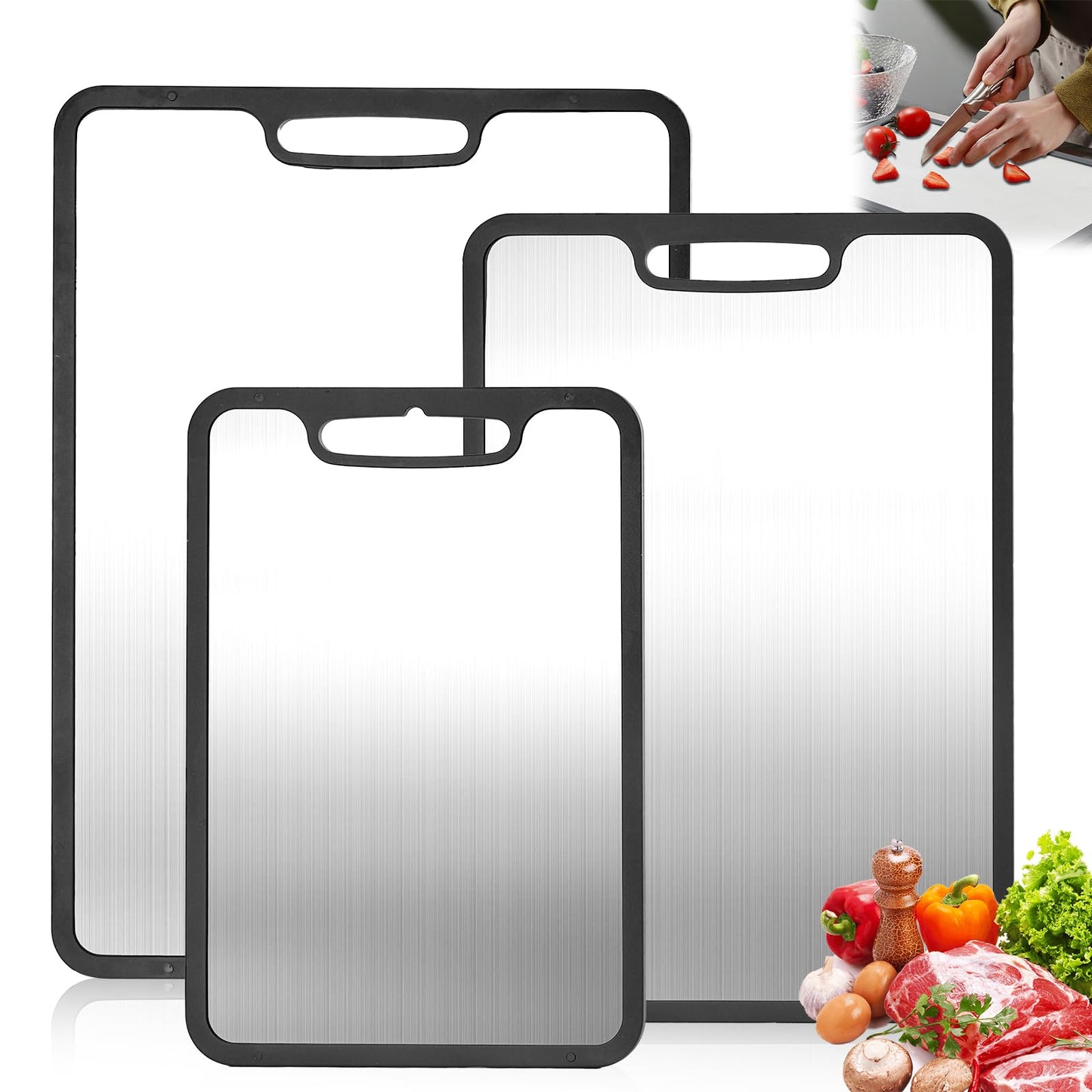 Titanium Cutting Board set of 3,Metal Cutting Boards for Kitchen,Stainless Steel Cutting Board, Chopping Boards for Kitchen and Camping,Silicone Edge for Non-Slip & Non-Cut 3Pcs(L+M+S)