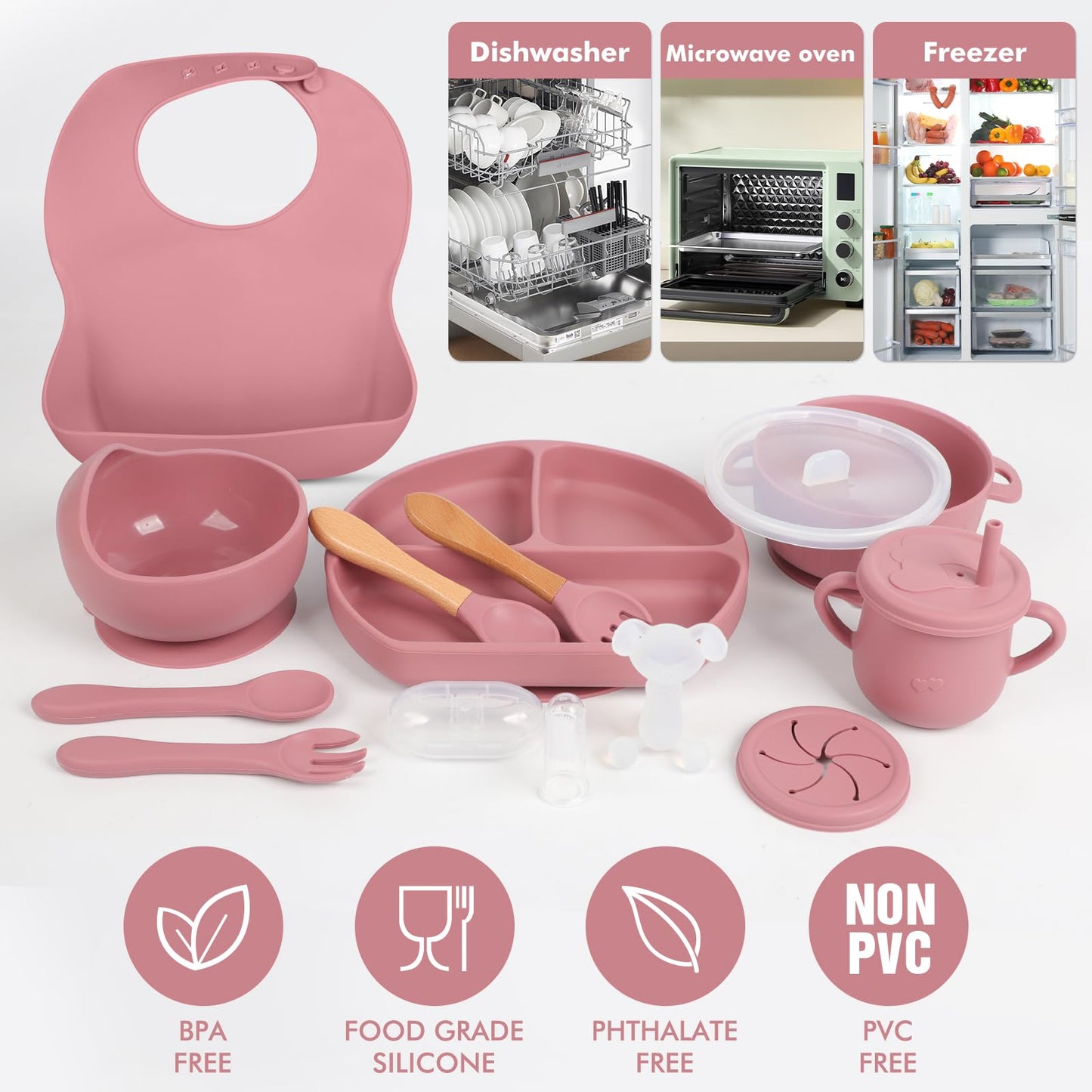 Silicone Baby Feeding Set 15 Pcs，Baby Spoons Suction Bowl Divided Plate Bib Cup Finger Brush ，Baby Led Weaning Supplies,Baby & Toddler Silicone Plates and Bowls Dining Set（pink）