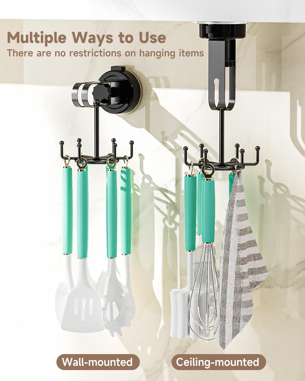 BANGMANG 2 Pack Vacuum Suction Cup Kitchen Utensil Hook with 6 Hooks, [Up to 11 lbs ] Under Cabinet Kitchen Hooks with 360° Rotating, Utensils Hanging Rack for Kitchen, Bedroom, Bathroom, Glass