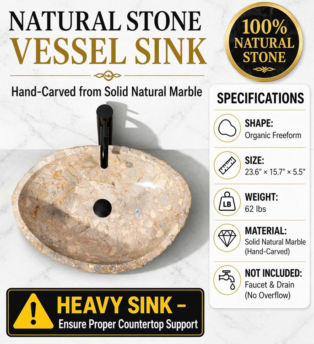 Organic Freeform Hand-Carved Marble Vessel Sink – Stone Vessel Sink with Chiseled Exterior & Natural Gold Veining – One-of-a-Kind Rustic Luxury Bathroom Sink