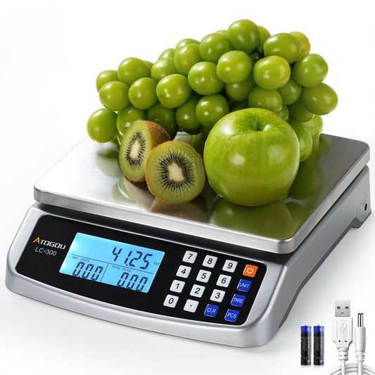 Atogou 66lb Food Scale, Commercial Kitchen Scale with Price Computing, Plug-in Usable, 0.05oz/1g, 304 Stainless Steel, for Cooking, Vegetables, Farm, Industry, Counting. LC300 Silver