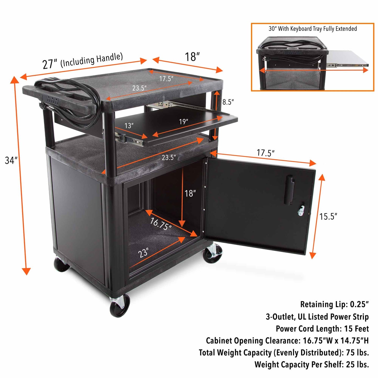 Line Leader Plastic AV Cart with Keyboard Tray and Locking Metal Cabinet, Heavy Duty Mobile Workstation with 4 Rolling Casters, 2 Locking Brakes, Heavy Duty, Holds up to 100 lbs (34 Inch w Cabinet)