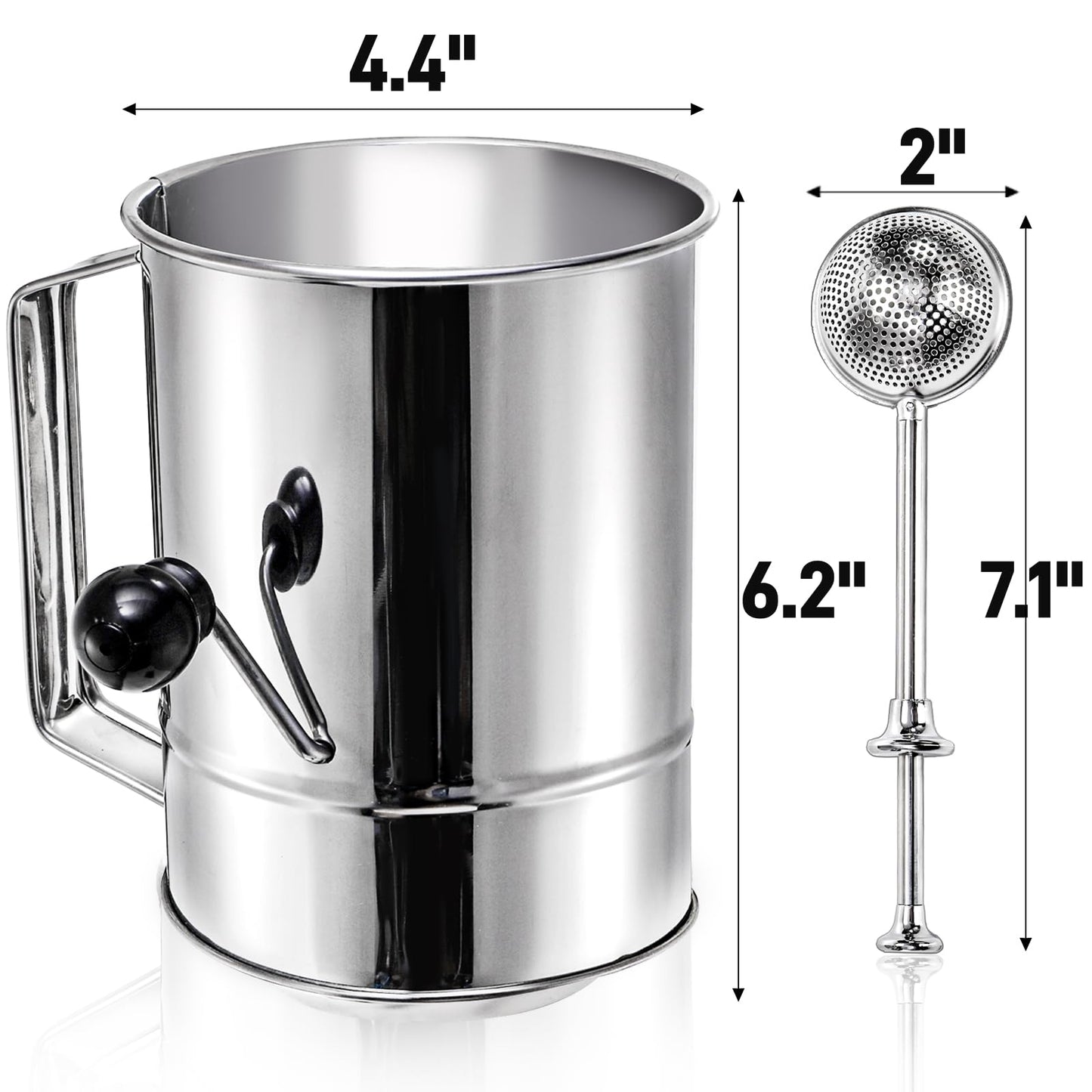 Pumtus 3 Pack Flour Sifter Set, 5 Cup Hand Crank Sifter with 2 Pieces Baker's Dusting Wands, Stainless Steel Fine Mesh Baking Sifter with Agitator Rotary, Powdered Sugar Duster for Baking Dessert