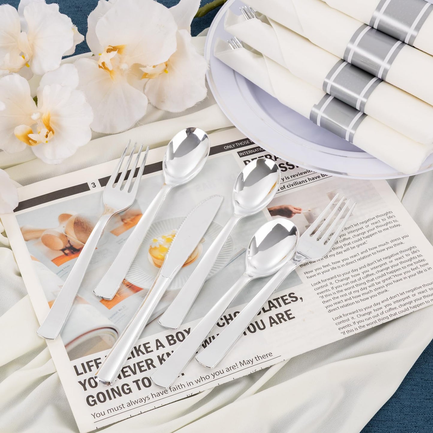 EI 60Pack Pre Rolled Silver Plastic Silverware Disposable Rolled Cutlery with Napkins,Sliver Plastic Wrapped Silverware Disposable Heavy Duty Perfect for Tea Party,Wedding,Spring,Valentine's Day