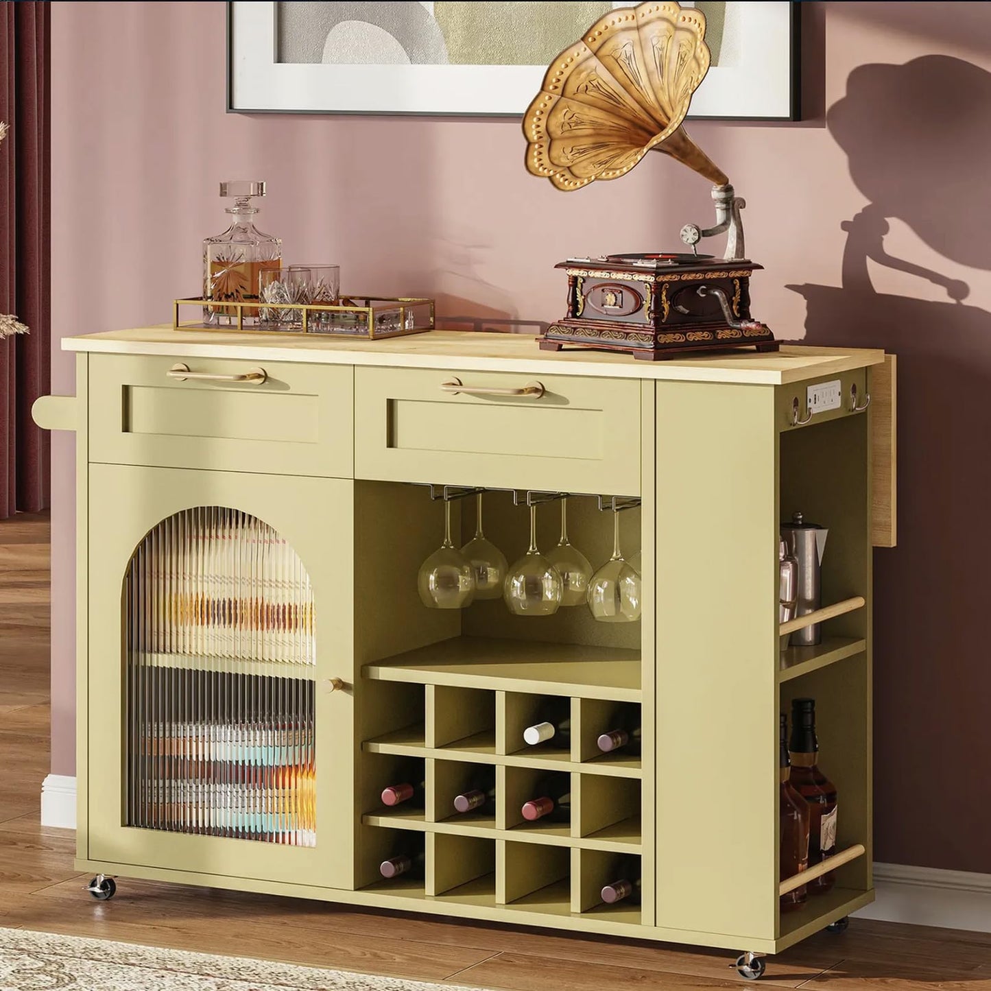 LIKIMIO Rolling Kitchen Island with Storage, 39.4" W Mobile Cart with Power Outlet & Drop Leaf Table, 2 Drawers, Removable 12 Grids, 3 Wine Racks, 360°Casters, Adjustable Shelf, Glass Door, Green