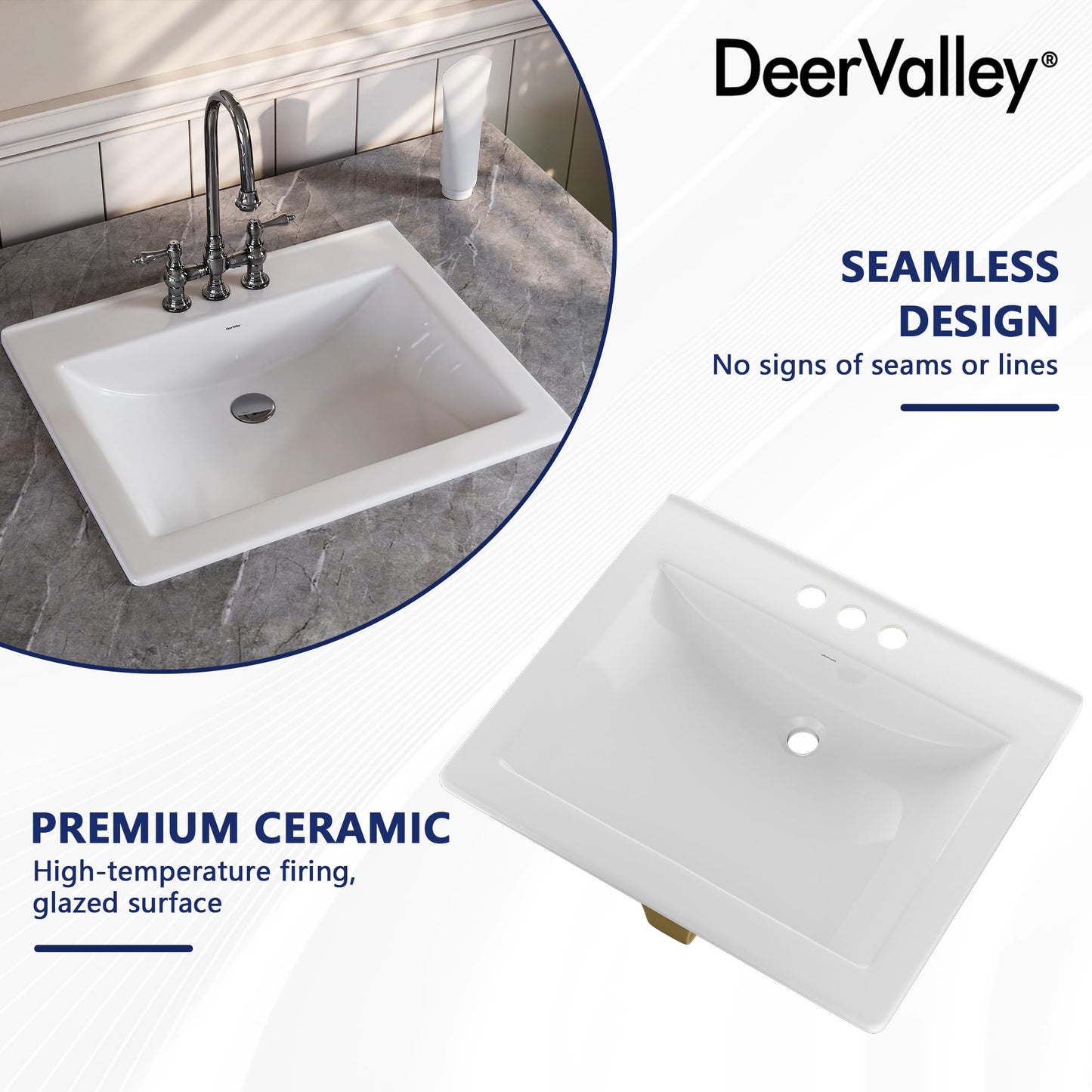 DeerValley 21x18 Inch Rectangular Ceramic Drop-in Bathroom Sink, Under Counter Vessel Sink with Overflow, White Vanity Basin