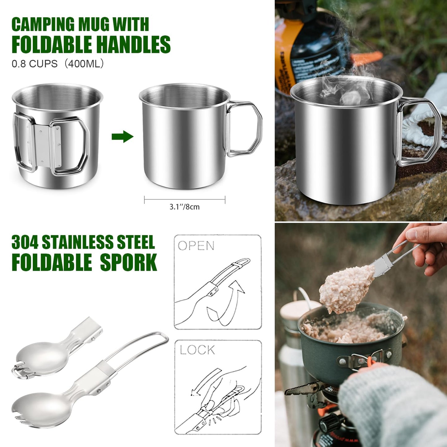 Odoland 8pcs Camping Cookware Mess Kit, Camping Pot and Pan Set with Mini Backpacking Stove, Stainless Steel Cup, Spork and Tank Bracket, Cooking Gear for Outdoor, Hiking, Picnic, Campfire, Green