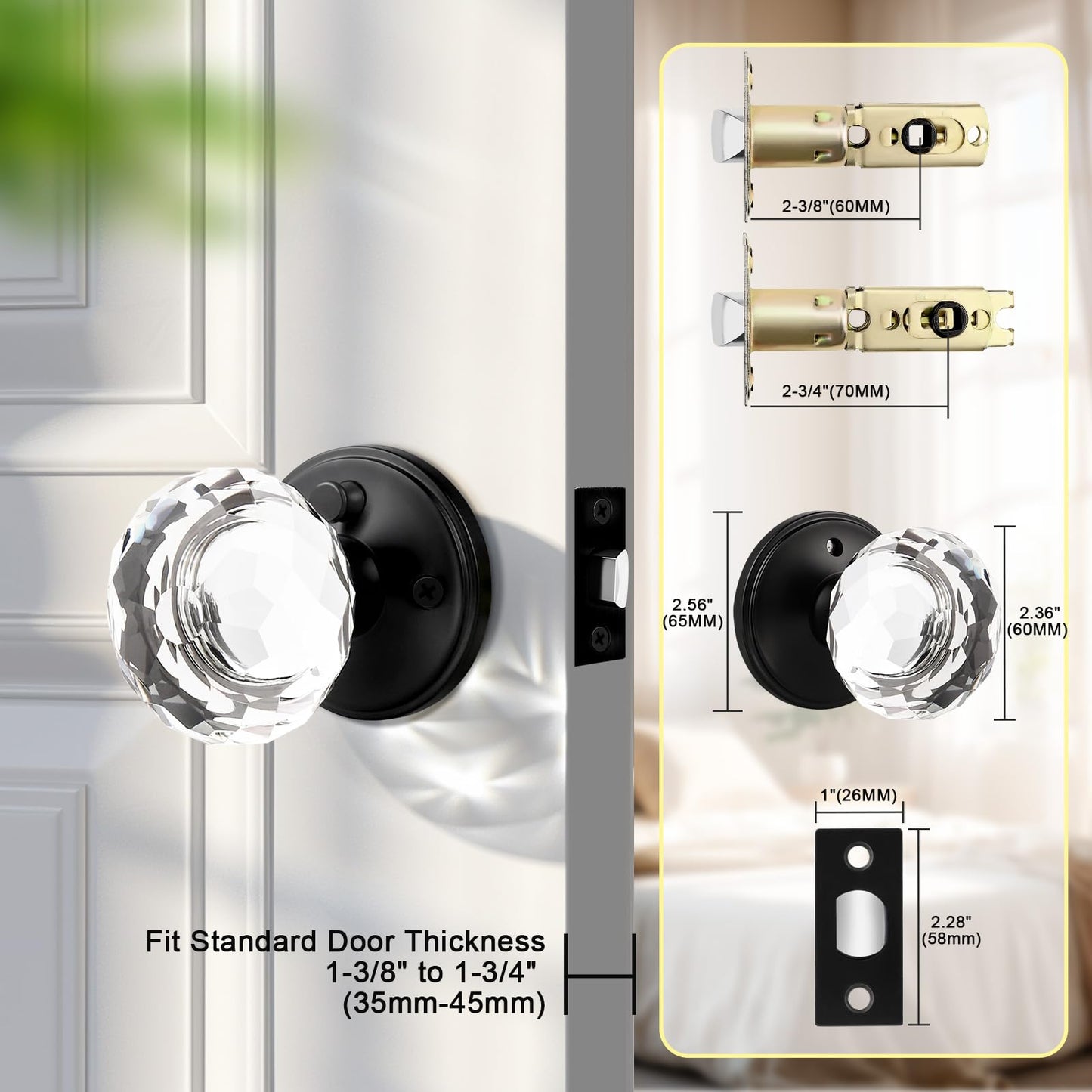 Lepushom 6 Pack Crystal Door Knobs Interior, Elegant Matte Black Glass Door Knobs, Keyless Privacy Door Locks for Bedrooms and Bathrooms