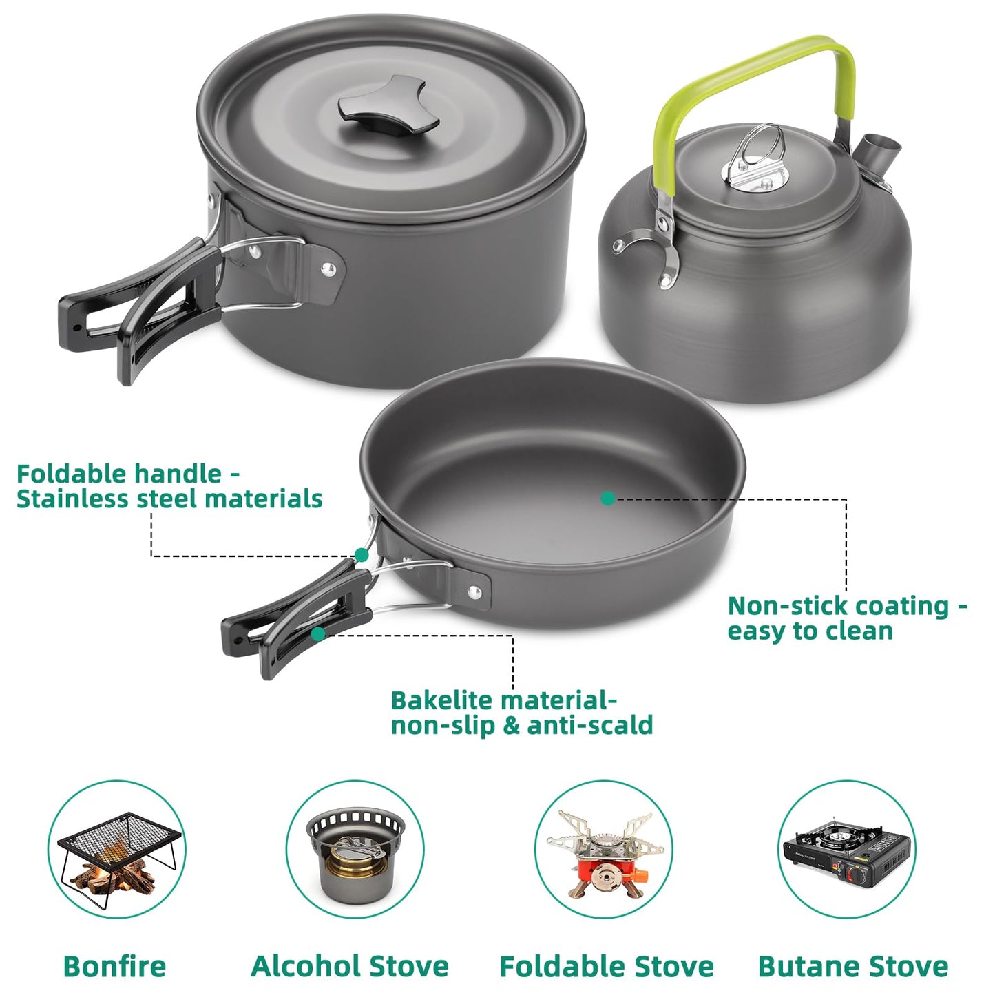 17pcs Camping Cookware Kit, Aluminum Non-Stick Pot, Pan and Kettle Set with 2 Set Stainless Steel Cups Plates Forks Knives Spoons for Backpacking and Hiking Camping