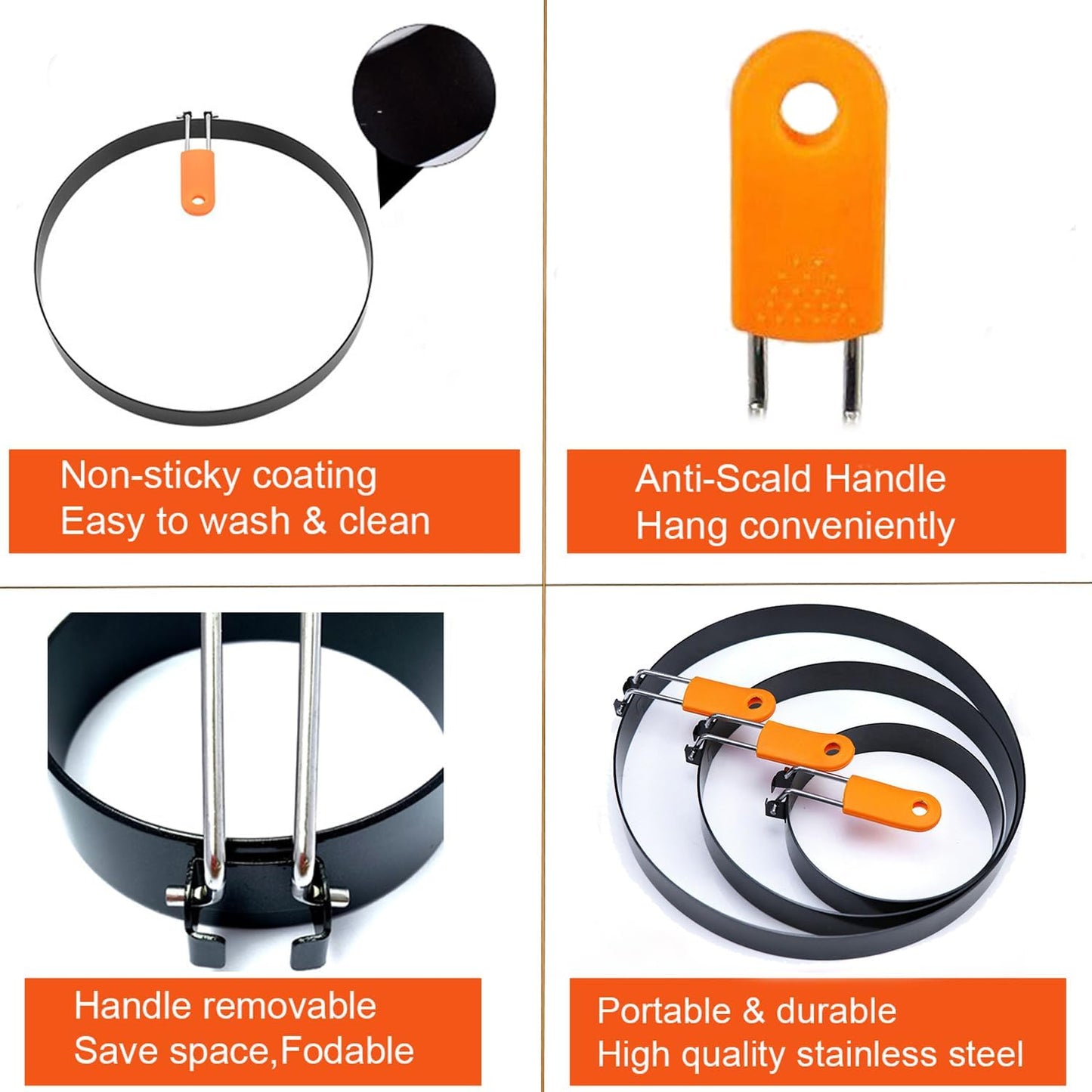 4 Packs Large 8 Inch Omelette Ring for Griddle, Non-Stick Stainless Steel 8" Griddle Omelet Rings,Large Omelet Mold Pancake Ring Mold Crumpet Circle Silicone Handle with Spatula and Oil Brush