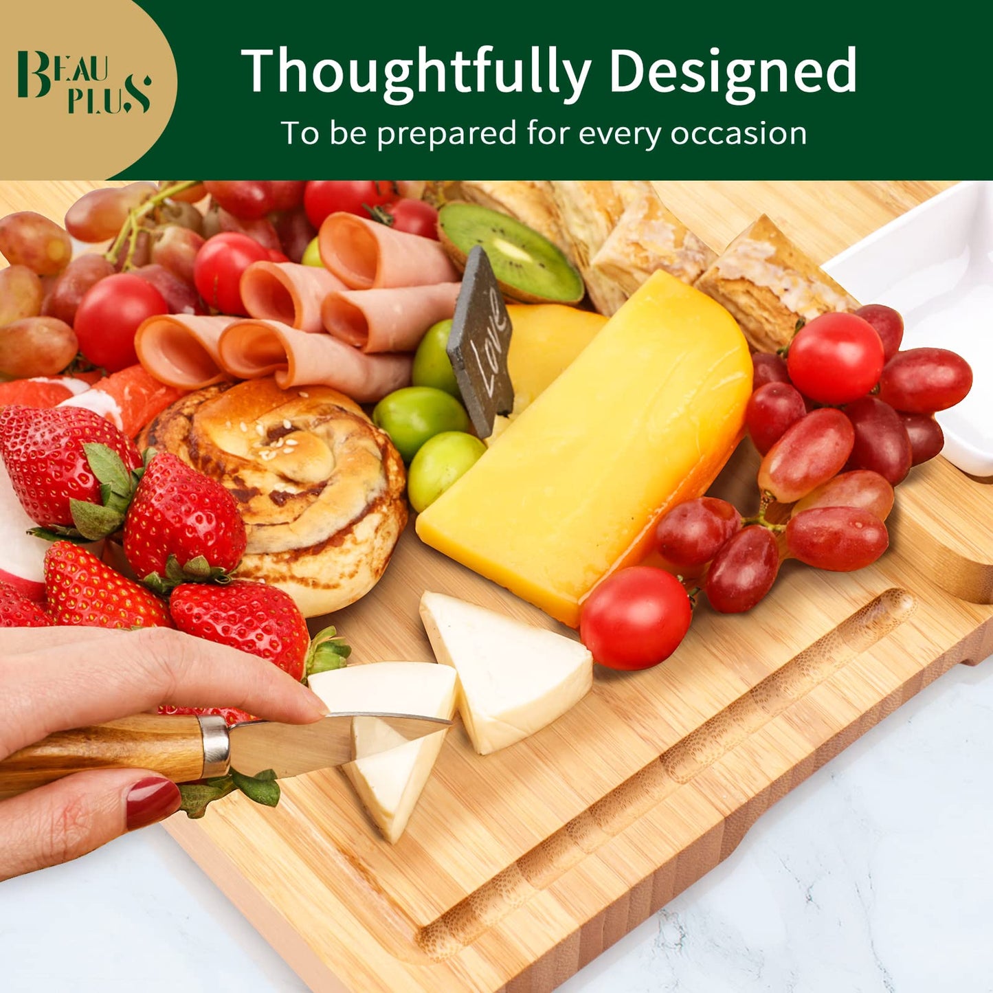 Charcuterie Boards Set, Cheese Board and Knife Set with 2 Ceramic Bowls, Bamboo Cheese Tray Serving Board - Unique, Wedding, Housewarming, Birthday Gifts