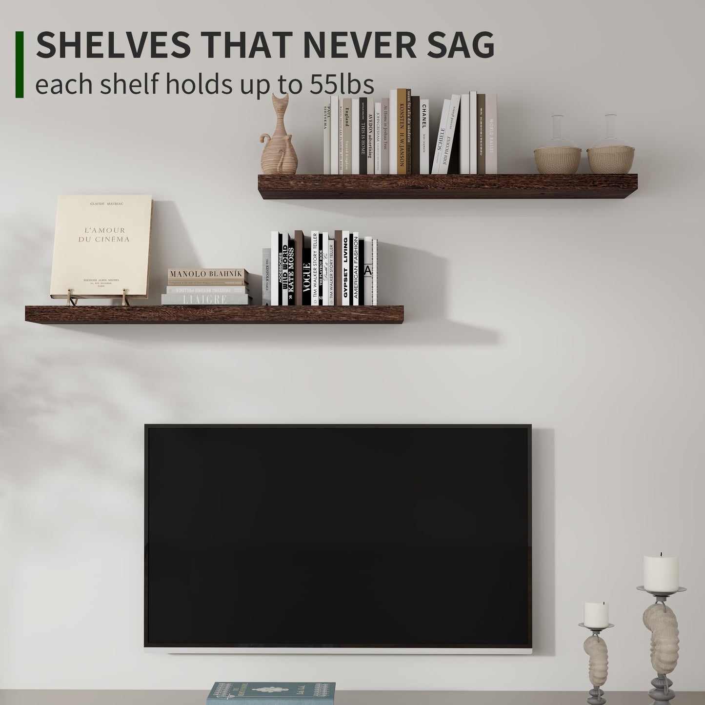 Marsmiles Wood Floating Shelves for Wall Set of 2, 36 Inch Wide Rustic Wooden Floating Shelves, Invisible Wall Mounted Display for Living Room Bedroom Kitchen Bathroom Office, Rustic Brown