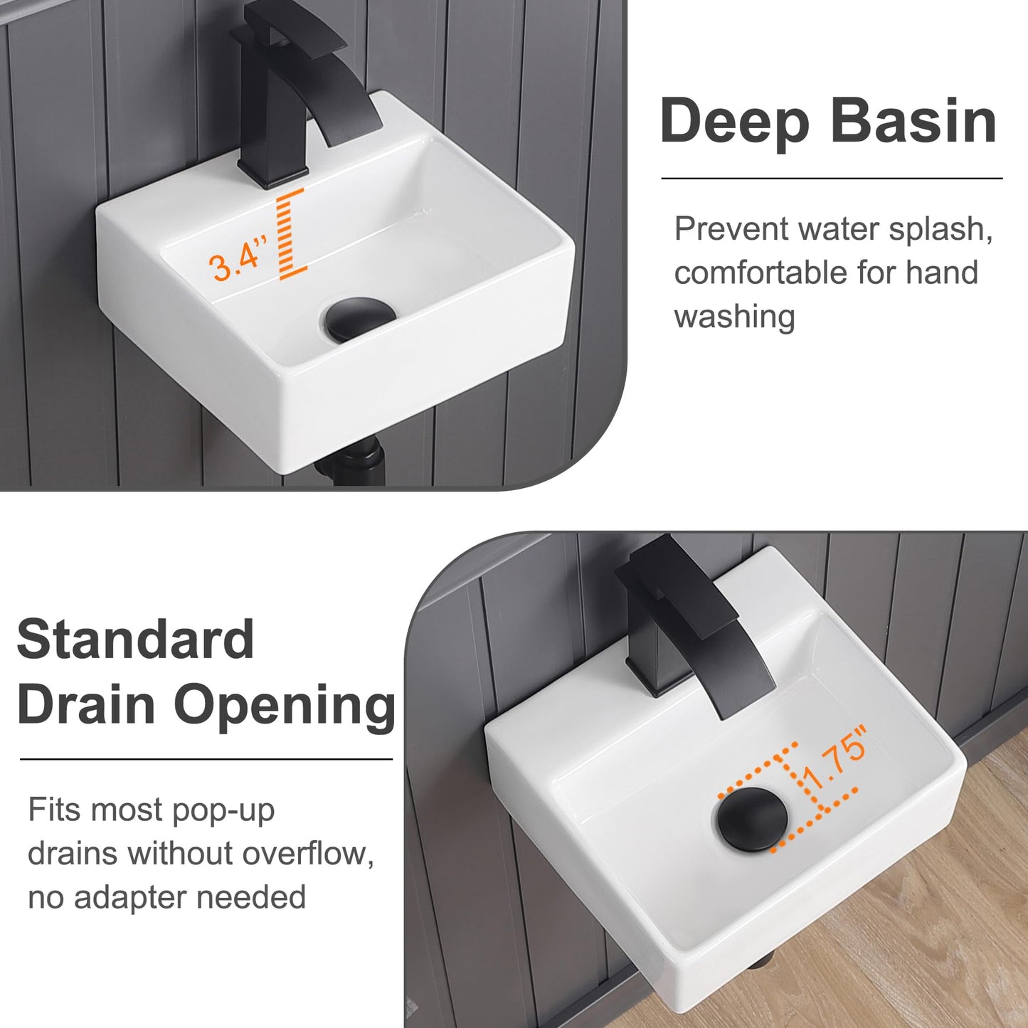 DEHOMEN Rectangle Wall-mount Bathroom Sink 13.3" x 11.5" Compact Ceramic Floating Square Vessel Sink Modern Vanity Classic Lavatory for Small Bathroom,Rvs White