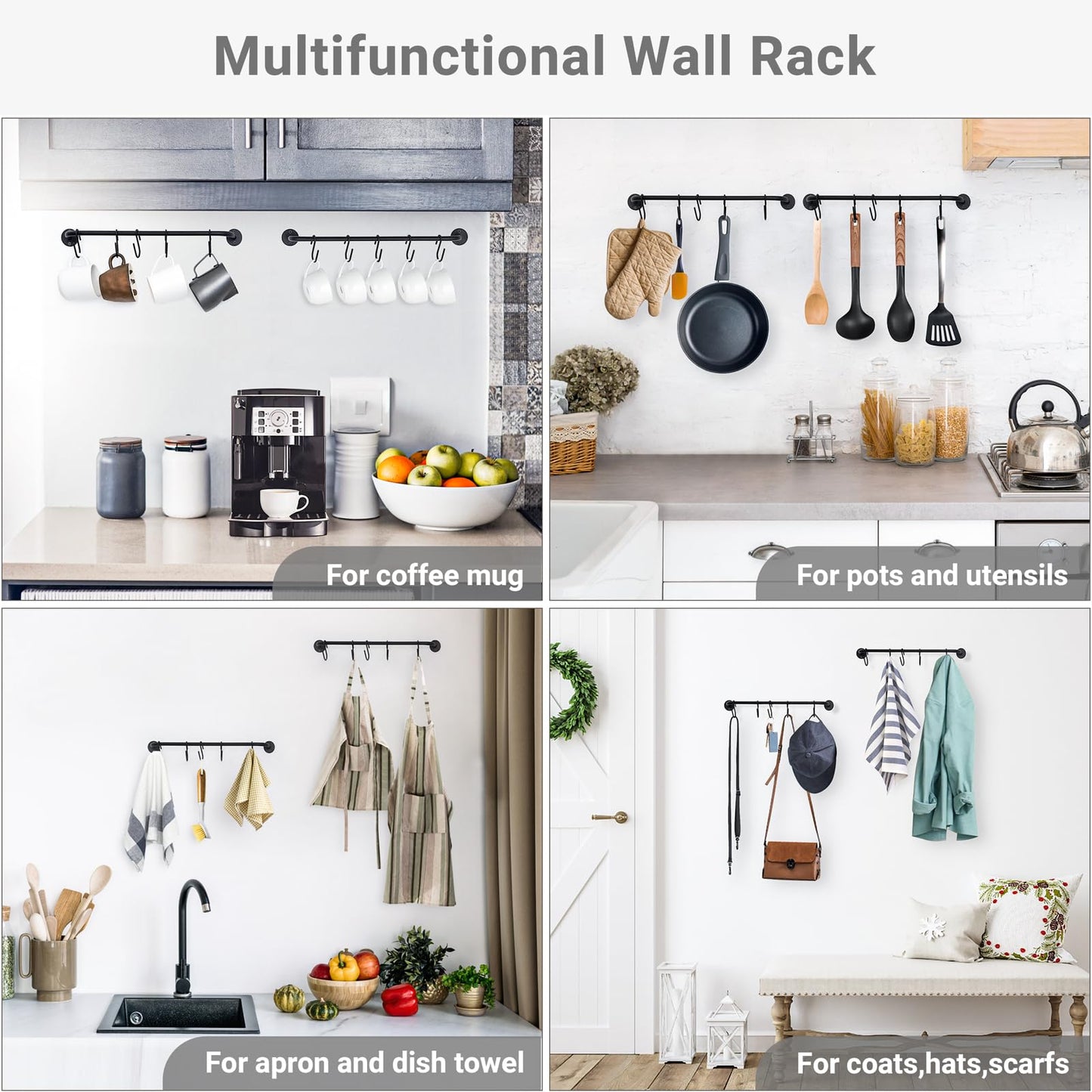 Mkono Mug Holder Wall Mounted Coffee Cup Rack Hanger Modern Metal with 5 Mug Hooks Rustic Utensil Tea Cups Storage Organizer for Kitchen Dining Room Coffee Bar,Black
