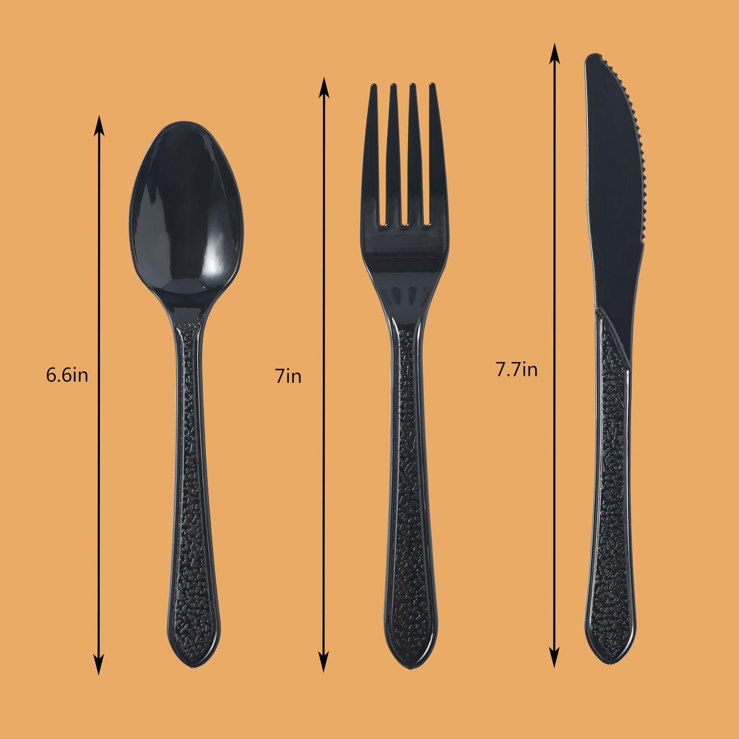 FULING 300pcs Black Plastic Cutlery Set, Disposable Plastic Knives and Silverware Set - Heavyweight Reusable Utensils(100 forks, 100 spoons, 100 knives)