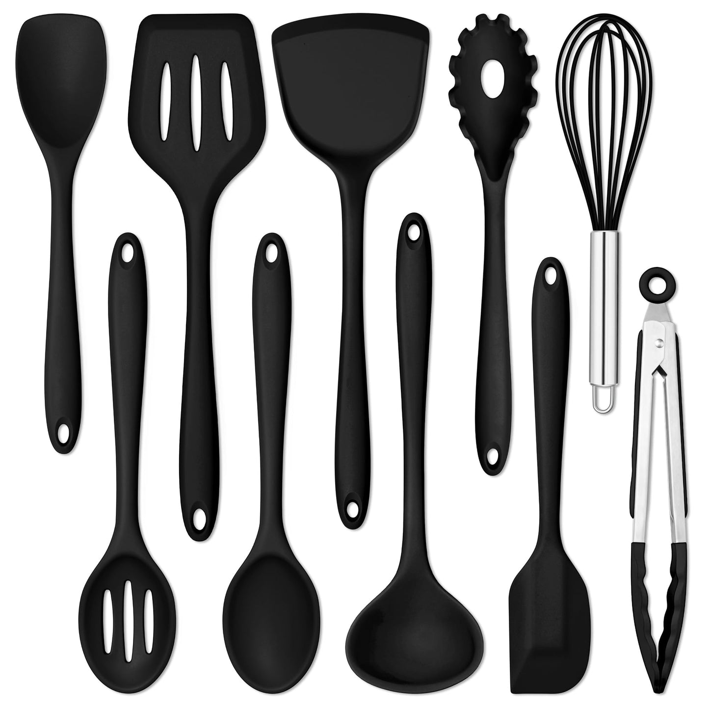 E-far 10 Pieces Silicone Cooking Utensils Set, Heat Resistant Kitchen Utensil Set for Nonstick Cookware, Kitchen Cooking Tools with Spatula, Spoon, Slotted Turner, Non-Toxic & Dishwasher Safe (Black)