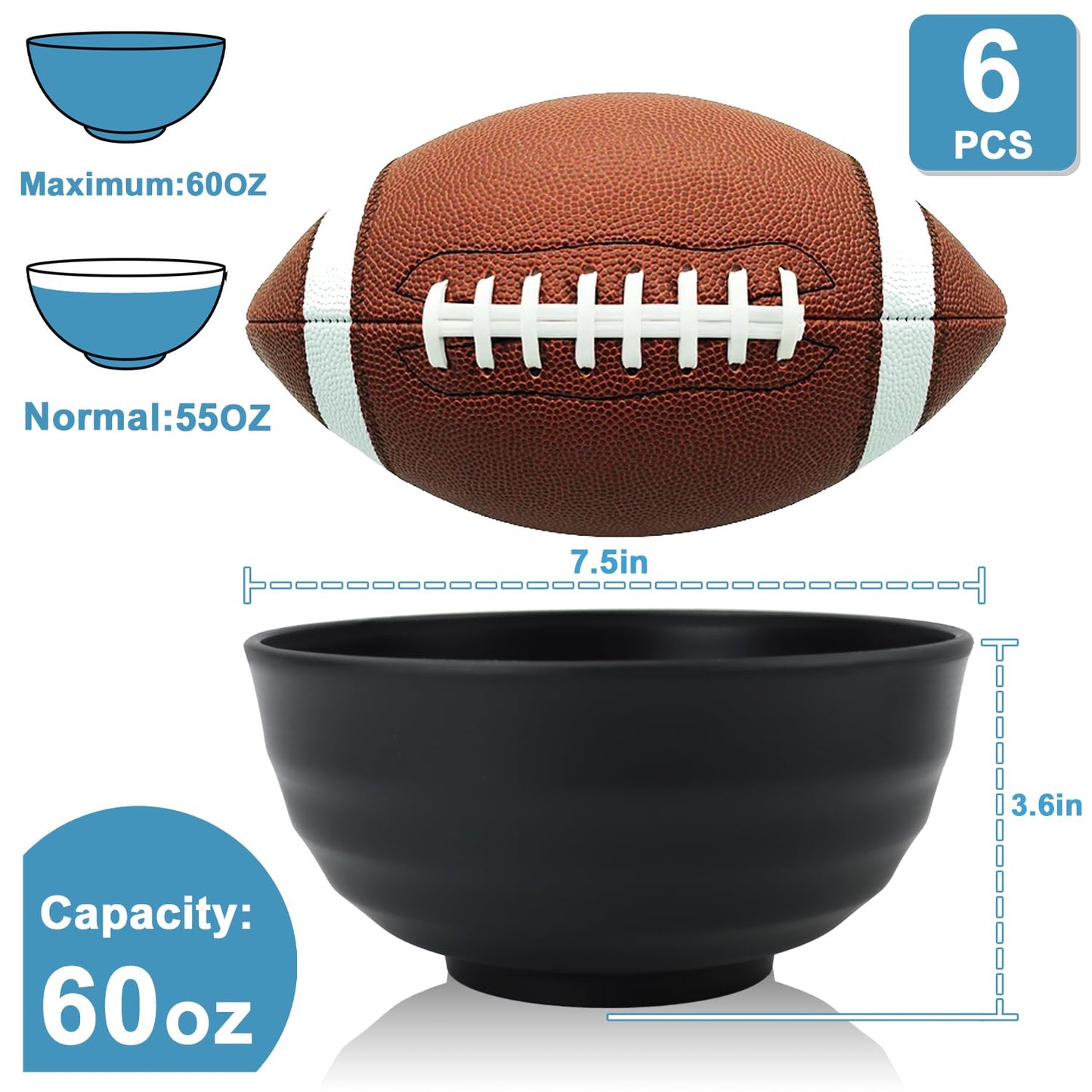 Wheat Straw Bowls Unbreakable Large Salad Bowls 60 OZ Set of 6, Microwave and Dishwasher Safe Large Plastic Bowl, Big Bowl for Eating, Serving Soup, Ramen, Popcorn (Black)
