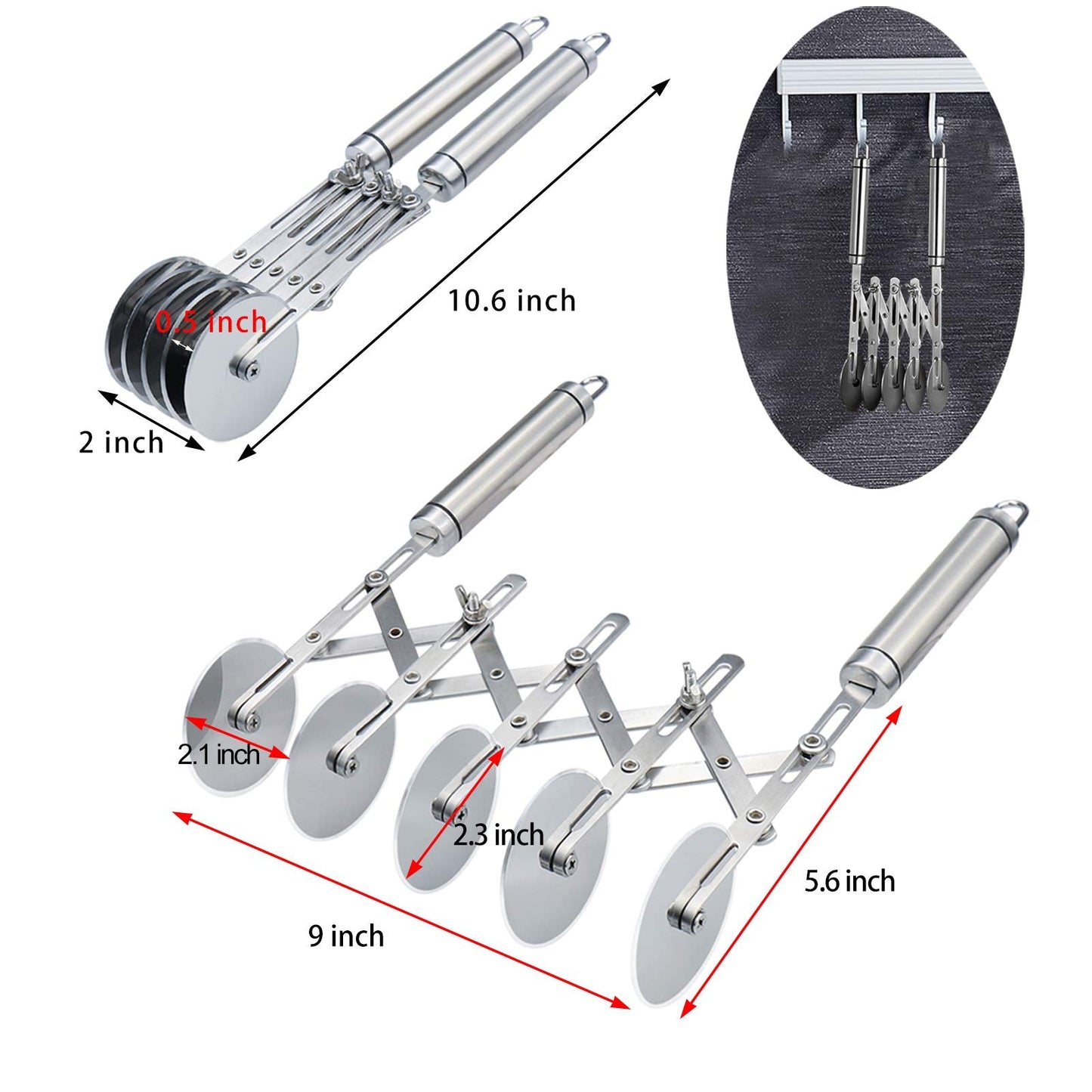 Juome 5 Wheel Pastry Cutter Stainless Pizza Slicer Multi-Round Dough Cutter Roller Cookie Pastry Knife Divider with Handle