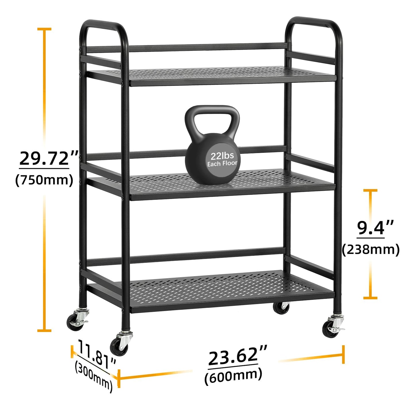 HDANI 3 Tier Metal Rolling Heavy Cart Supports 40 Lbs Per Tier,Mesh Rolling Cart with 2 Lockable Wheels for Office,Home,Bedroom,Kitchen,Bathroom(Black)