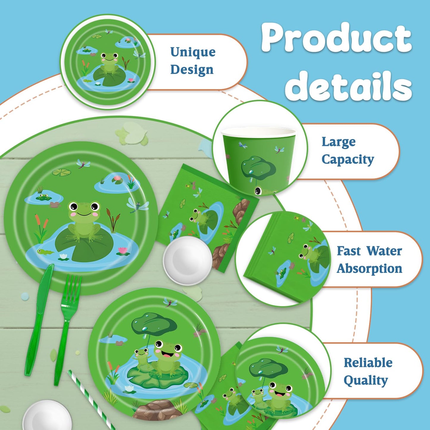 140Pcs Frog Birthday Party Decorations for 20 Guests - Tableware Supplies Frog Party Plates and Napkins Forks Cups Knives Straws for Baby Shower Birthday Party Decorations