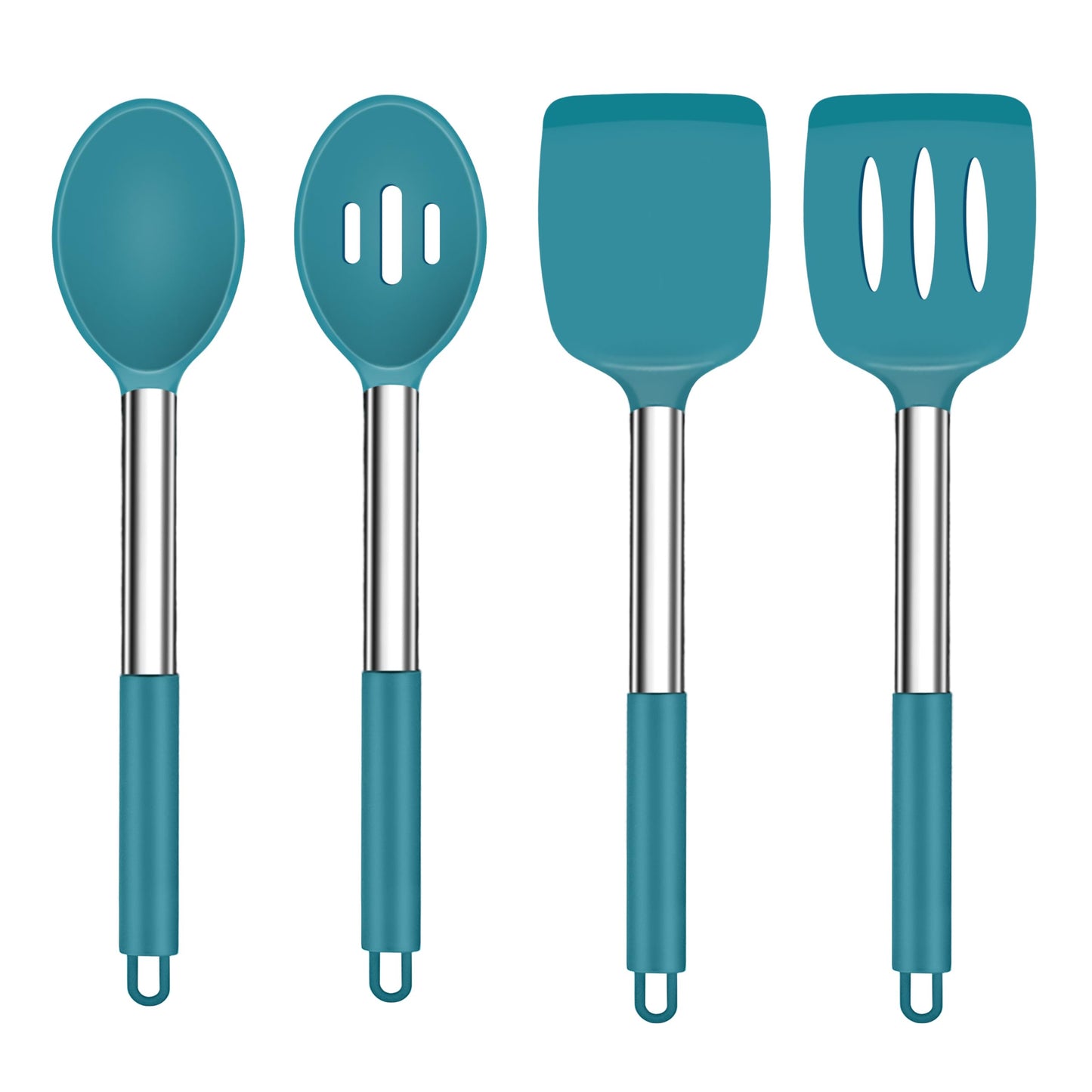 TeamFar Cooking Utensils Set, 4PCS Heatproof Silicone Utensil Kitchen Tools with Stainless Steel Handle, for Non-stick Cookware Flipping Frying Draining, Nontoxic & Non scratch, Easy Clean - Navy Blue