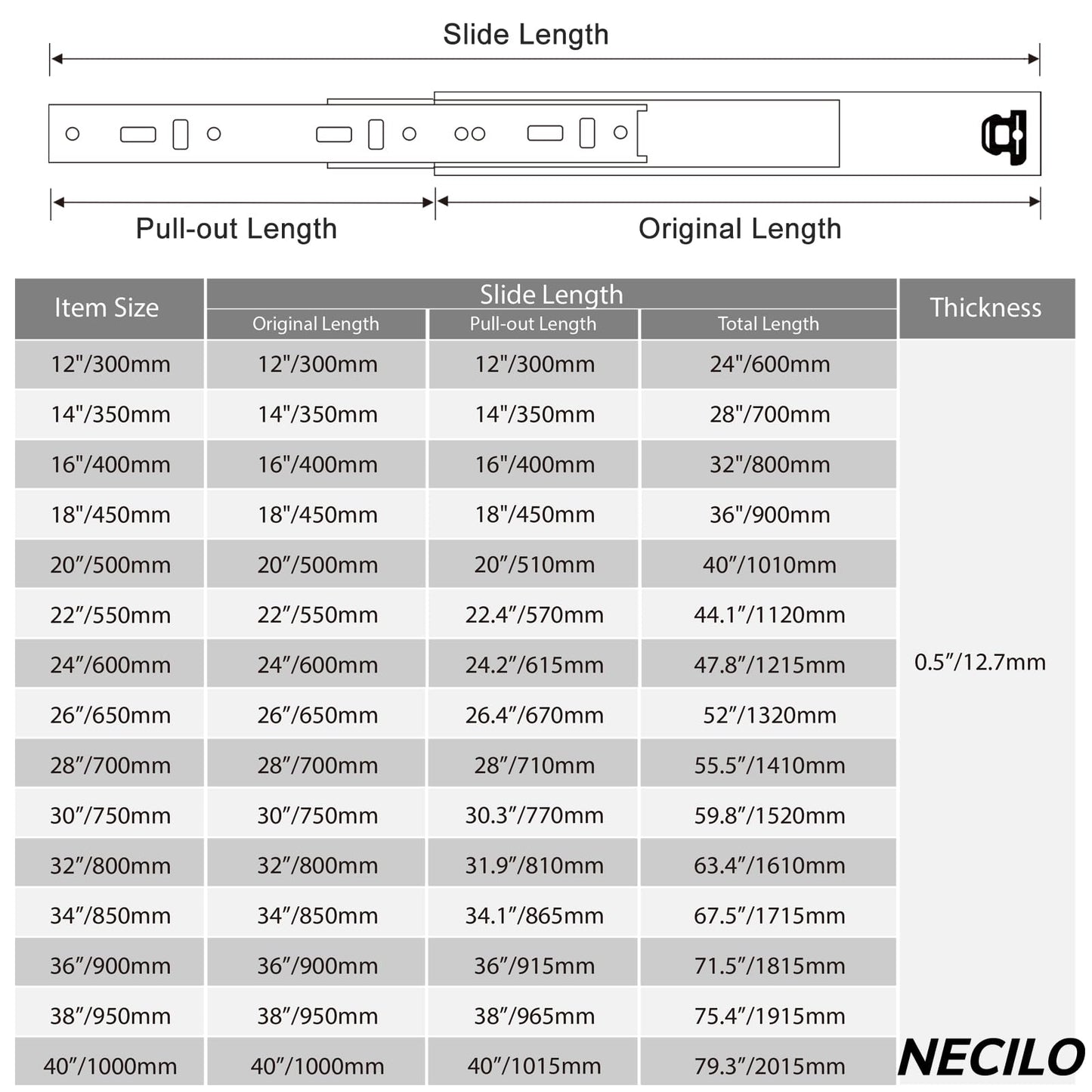 NECILO Heavy Duty Drawer Slides Without Lock, 150lb Capacity Full Extension Ball Bearing, 20 22 24 26 28 30 32 34 36 38 40 Inch Side Mount Metal Rails Track Guide, 1 Pair (Without Lock, 34 inch)