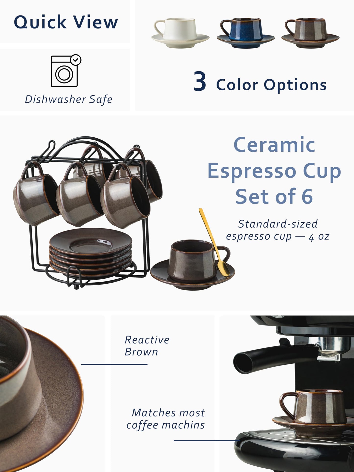 YHOSSEUN Espresso Cups 4 Oz, Porcelain Coffee Cups Set of 6 Espresso Cup with Saucers, Meatal Stand, and Stir Spoons, Brown Expresso Shots Cup