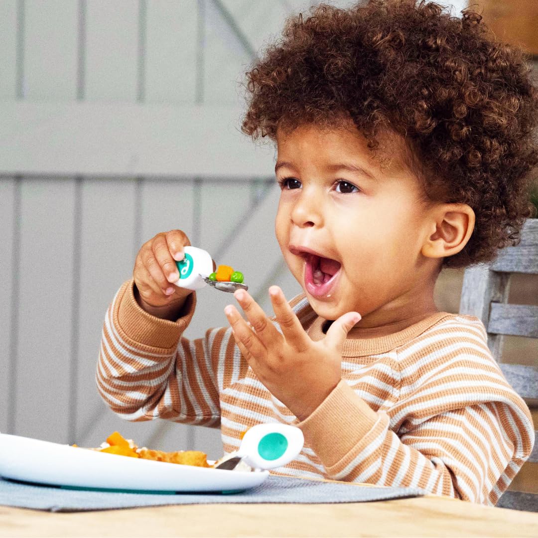 doddl Toddler Utensils, Ergonomic Fork Spoon and Knife Set for Self Feeding, Stainless Steel Silverware for 1-3 Year Olds, BPA Free, Dishwasher Safe (Aqua)
