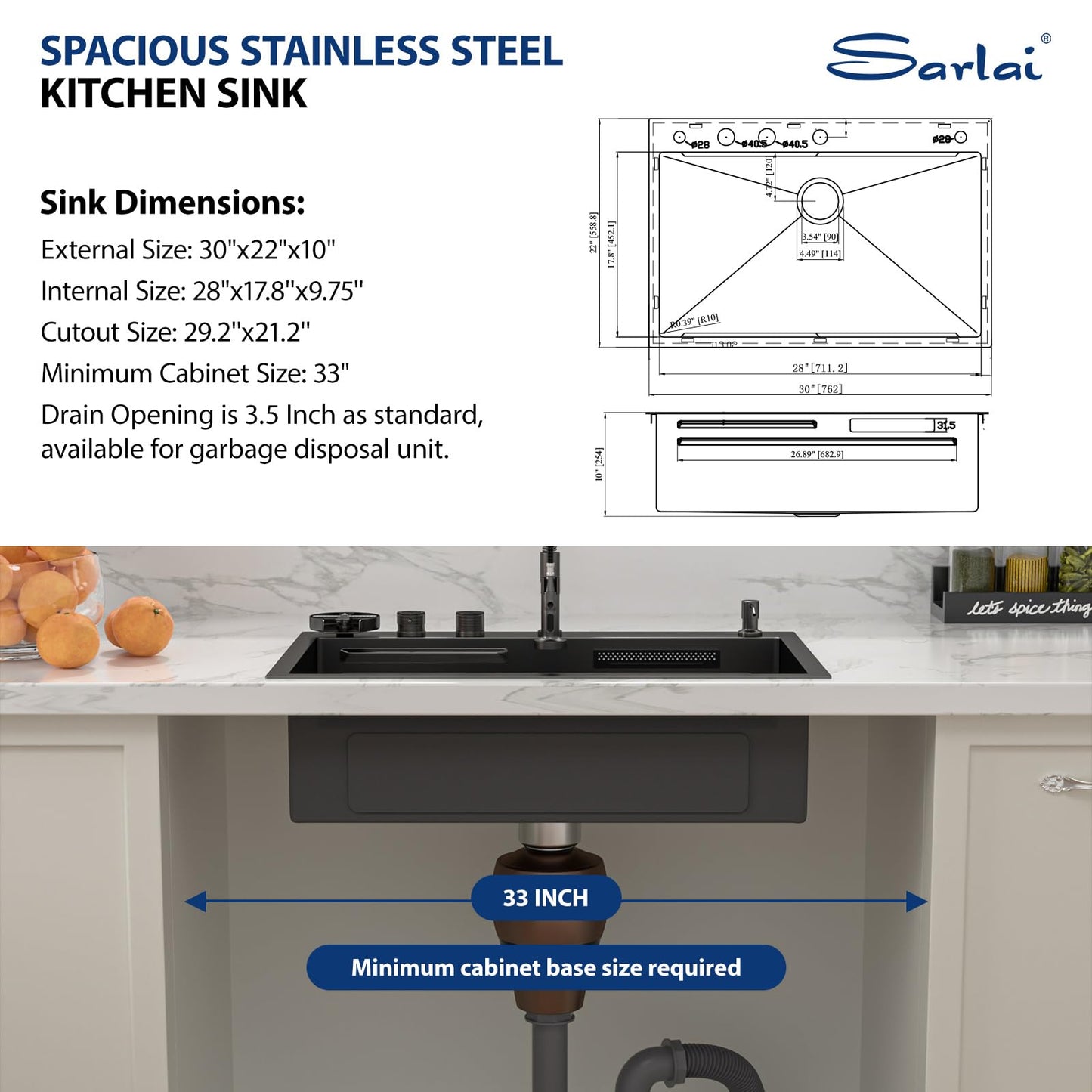 Sarlai Waterfall Kitchen Sink 30 Inch Black Drop In Kitchen Sink Topmount 16 Gauge Stainless Steel 30x22 Inch Single Bowl Multifuction Workstation Top Mount Sinks with Double Knob