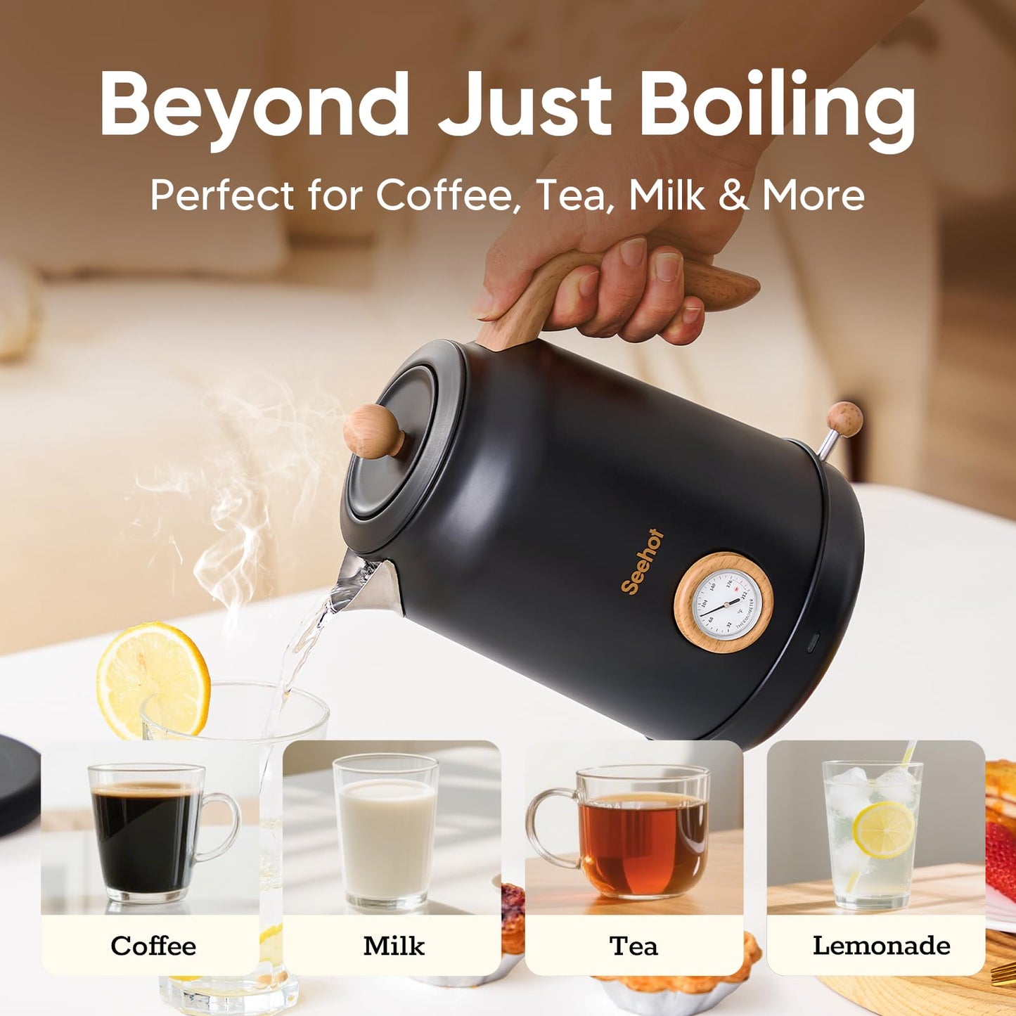 Seehot® 1.7L (57.oz) Electric Kettle with Thermometer, 1200W Large Electric Tea kettle with 304 Stainless Steel,Auto shut off,Hot water kettle Electric for Coffee&Tea-Black