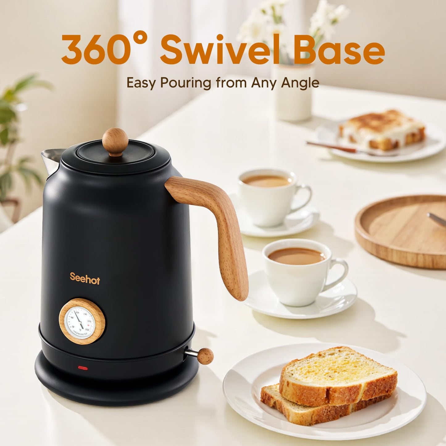Seehot® 1.7L (57.oz) Electric Kettle with Thermometer, 1200W Large Electric Tea kettle with 304 Stainless Steel,Auto shut off,Hot water kettle Electric for Coffee&Tea-Black