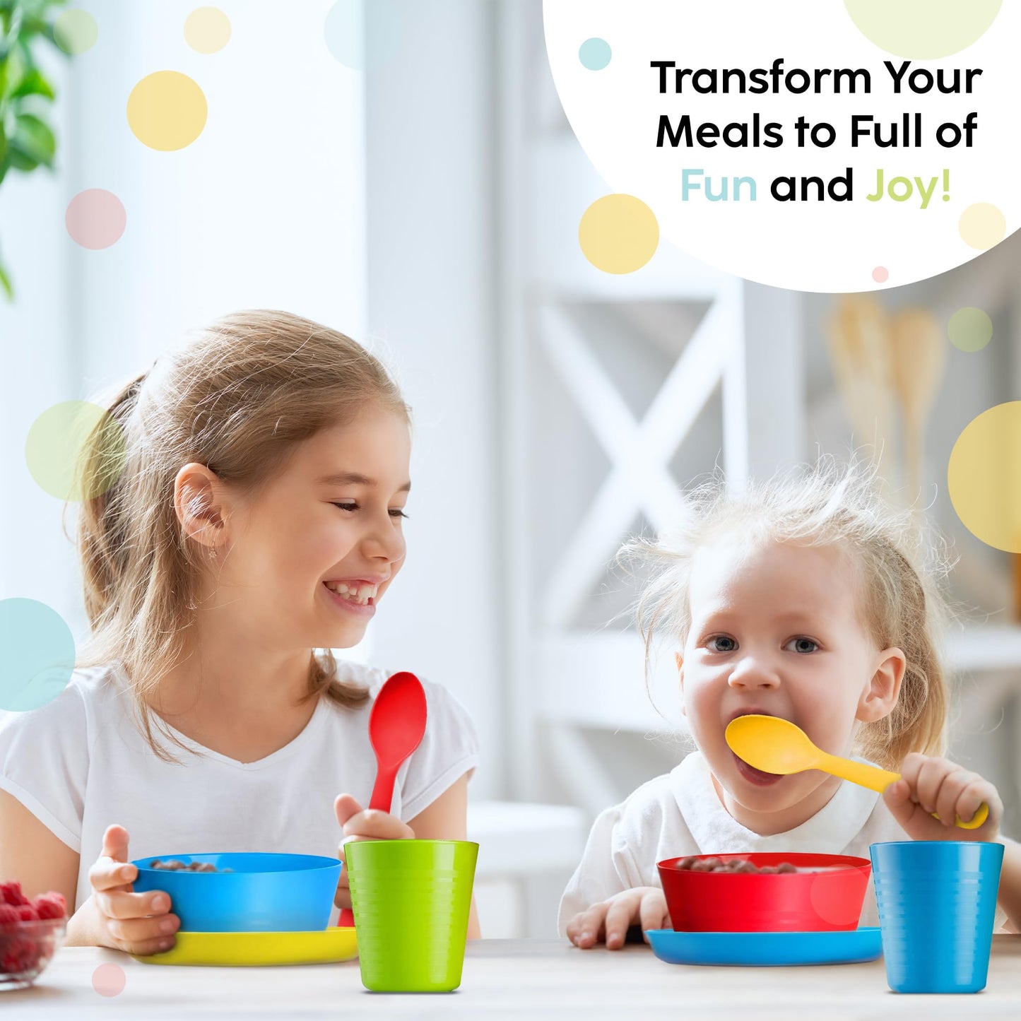 Plaskidy Kids Dinnerware Set for 4-24 Piece Plastic Childrens Dishes Dinnerware Sets Microwave/Dishwasher Safe BPA Free - Toddler Dinner Set Includes Kids Plates and Bowls Kids Cups Flatware Set