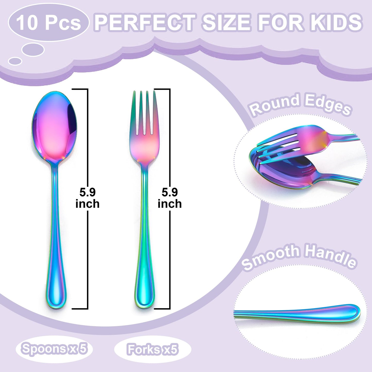 E-far 10-Piece Rainbow Toddler Utensils, Kid Stainless Steel Silverware Set, Children Safe Forks and Spoons Set for Self Feeding, Healthy & Non-Toxic, Mirror Polished & Easy to Clean