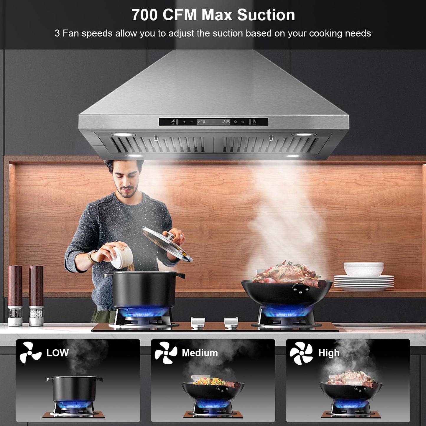 Tieasy 30" Island Range Hood 700 CFM Ceiling Mount Kitchen Vent Hood with Gesture/Touch Control, 3-Speed Fan & 4 LED Lights, Convertible Ductless/Duct, Stainless Steel Baffle Filters,Time Setting